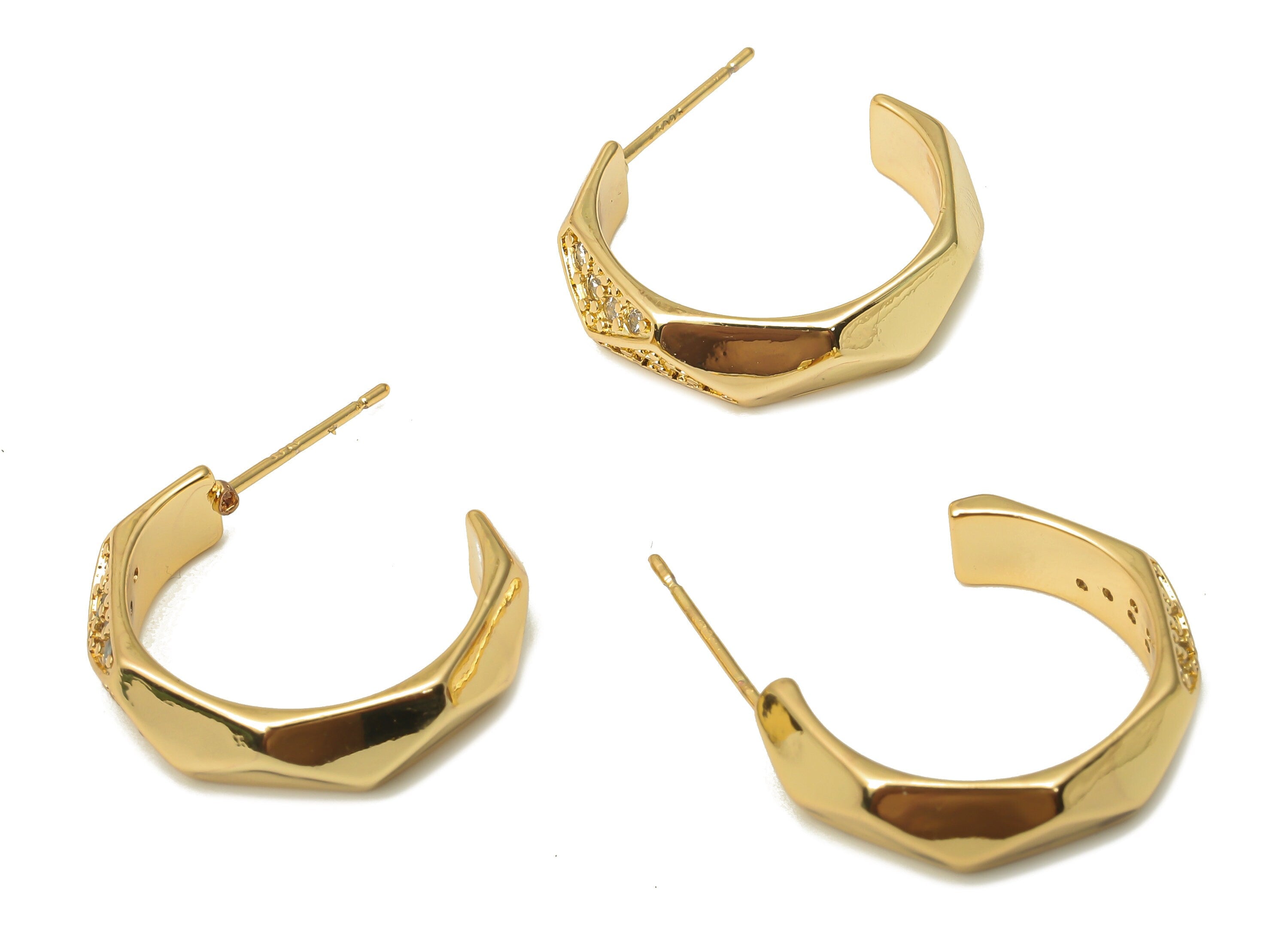 Brass C Earring Stud with Zircon - 925 Silver Stud - Faceted Open Hoop Earring Post - 18K Real Gold Plating - 21.4x17.63x2.05mm - RGP5123 - DOMEDBAZAAR