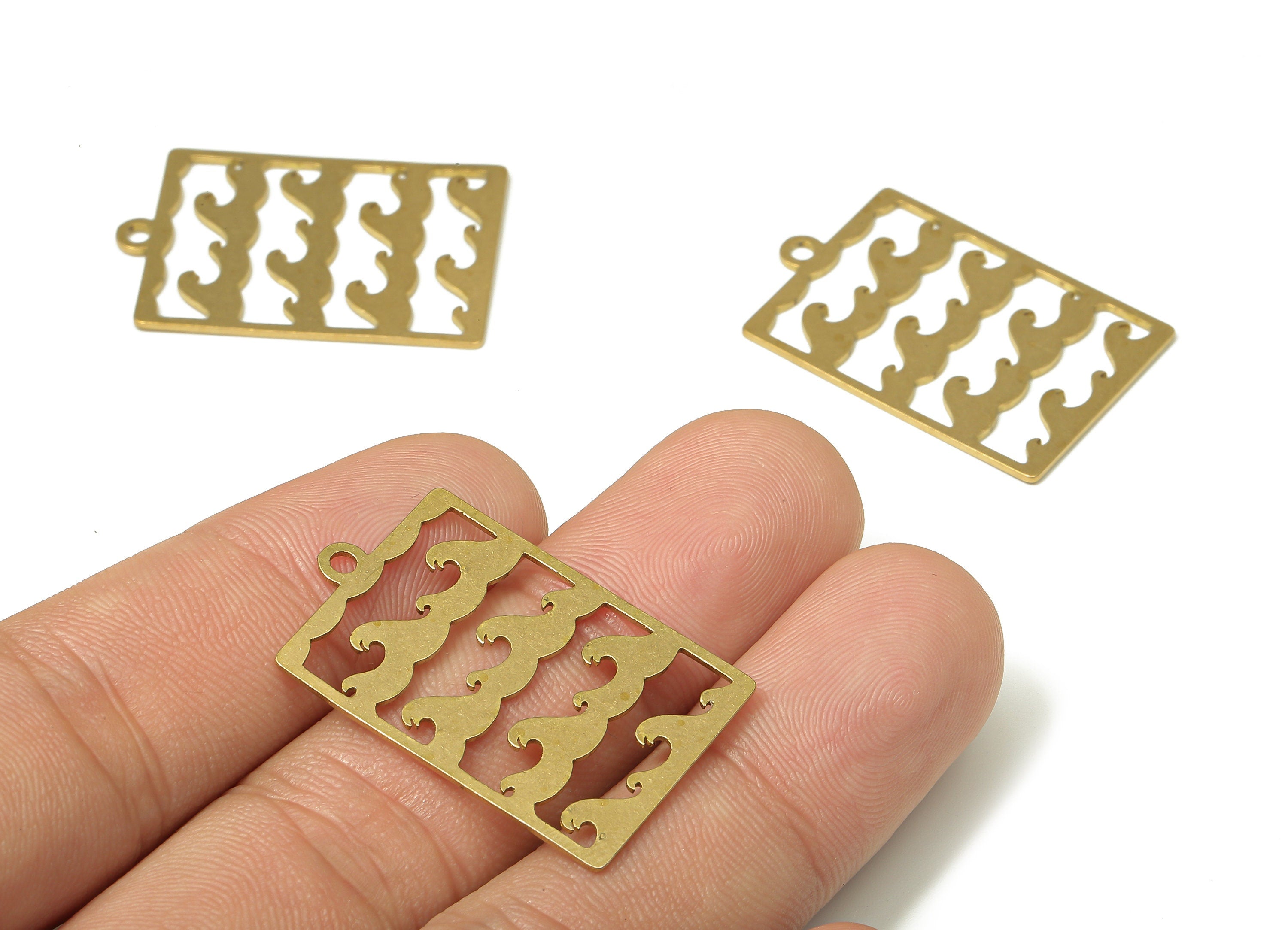 Brass Rectangle Waves Earring Charms - Raw Brass Wavy Pendant With Loop - For Necklace - Earring Findings - 31.76x21x0.67mm - PPA4696 - DOMEDBAZAAR