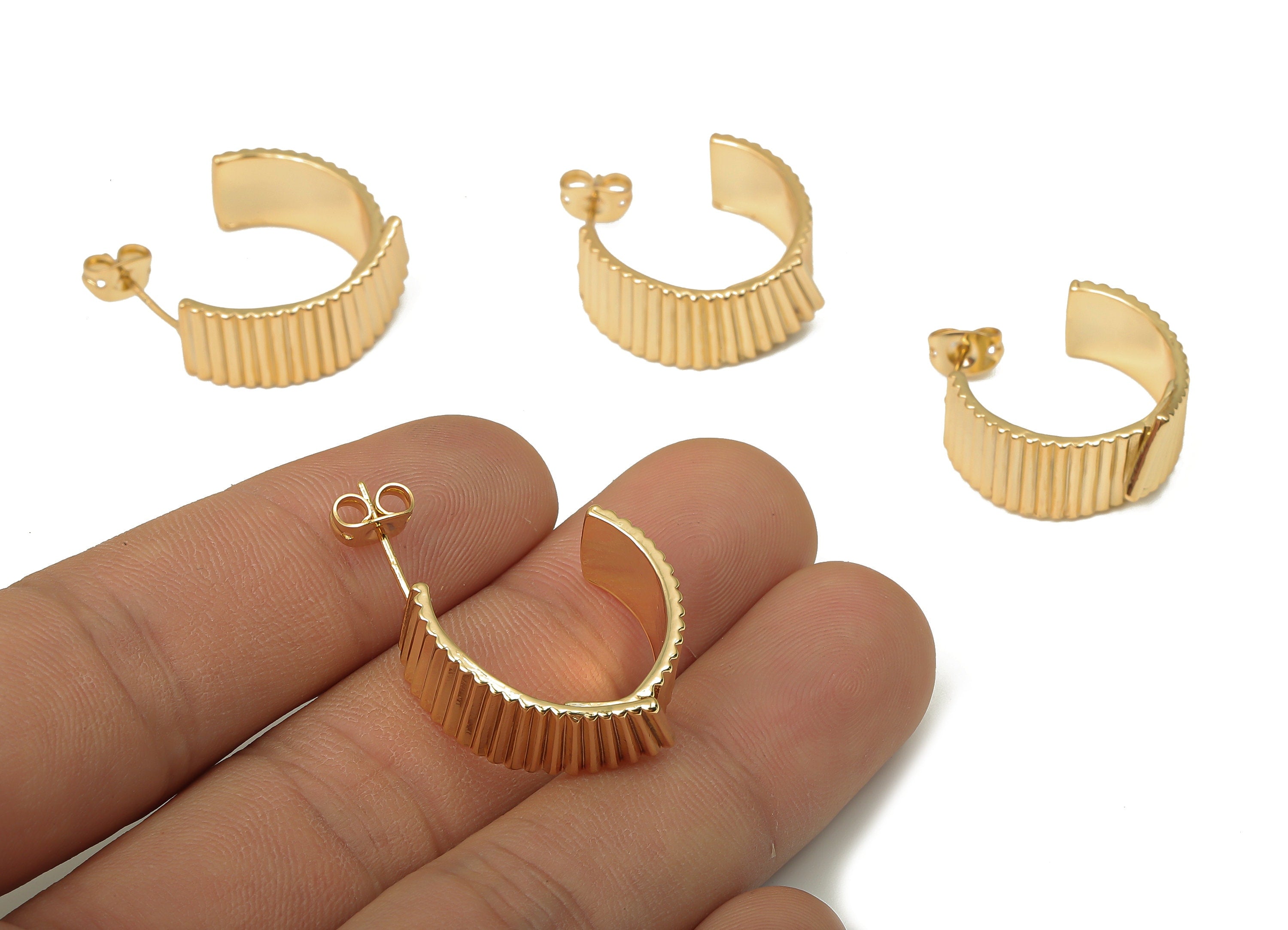 Brass Round Stud Earrings - C Circle Thick Open Hoop Earring Post - 925 Silver Stud - 18K Real Gold Plated Brass -21.1x18.8x1.47mm - RGP5127 - DOMEDBAZAAR