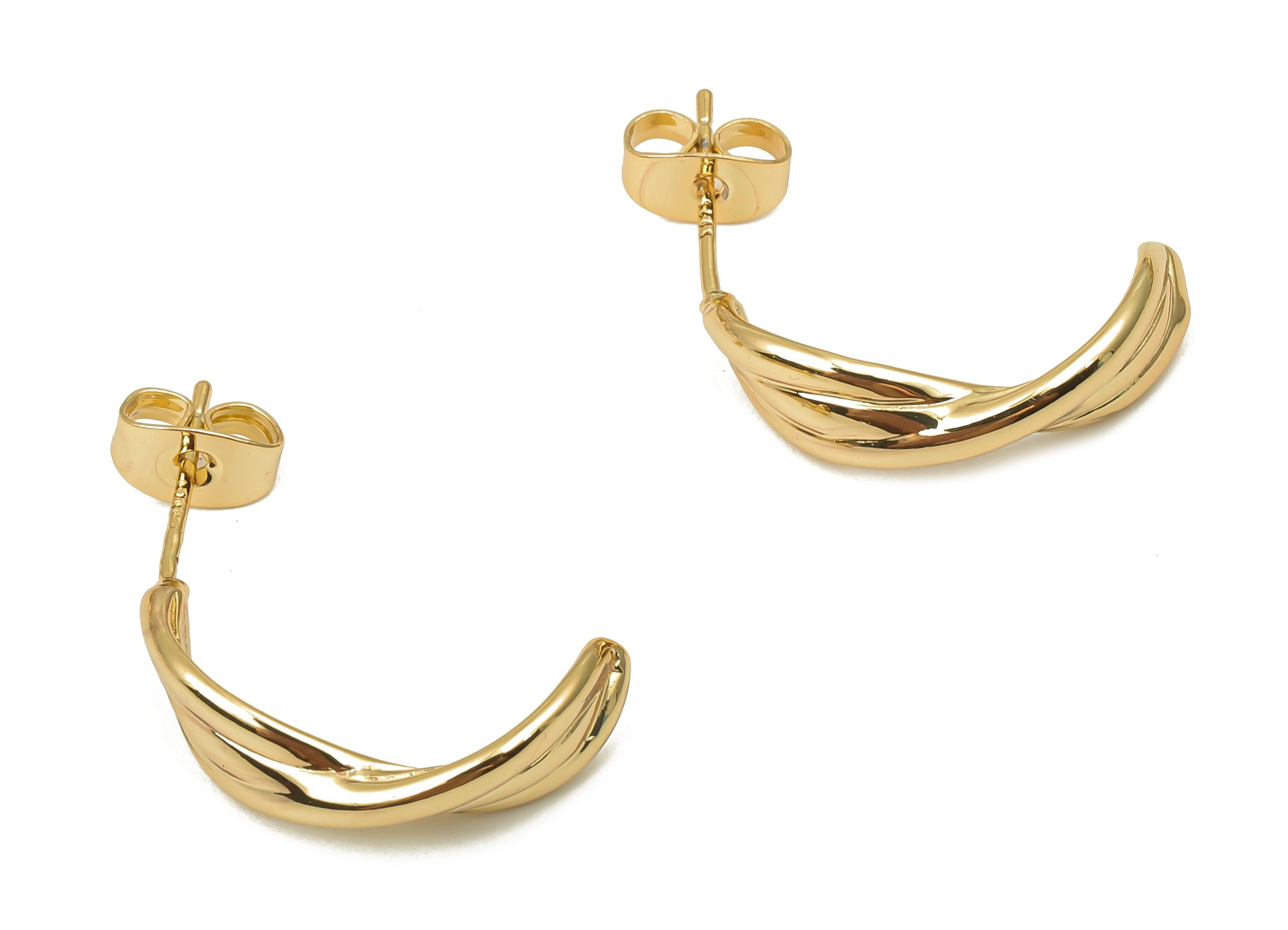Brass Curled Earrings Studs - Brass Curved Bar Earrings Studs - 925 Silver Stud - 18K Real Gold Plated Brass - 19.9x9.88x1.54mm - RGP5133 - DOMEDBAZAAR