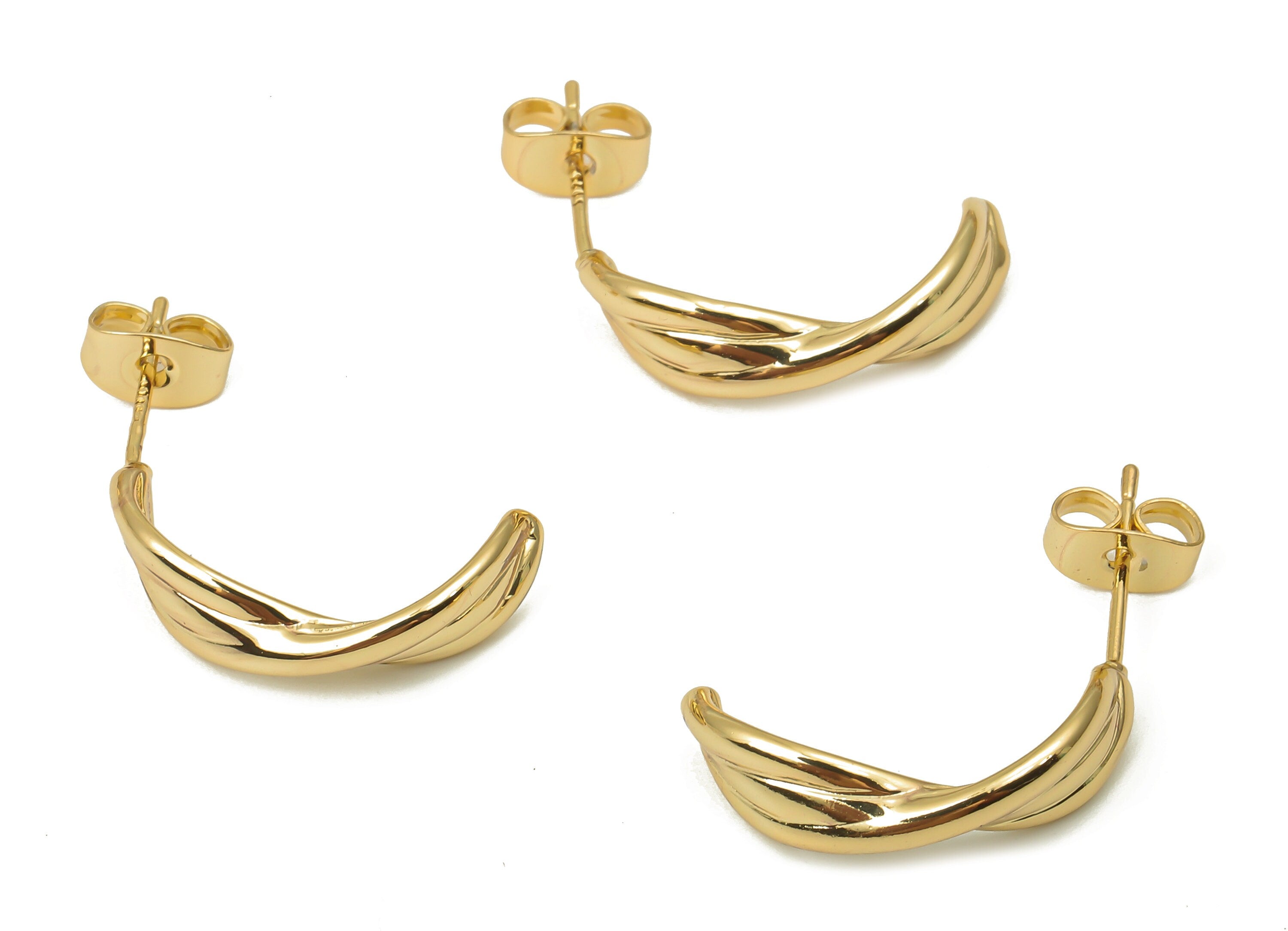 Brass Curled Earrings Studs - Brass Curved Bar Earrings Studs - 925 Silver Stud - 18K Real Gold Plated Brass - 19.9x9.88x1.54mm - RGP5133 - DOMEDBAZAAR