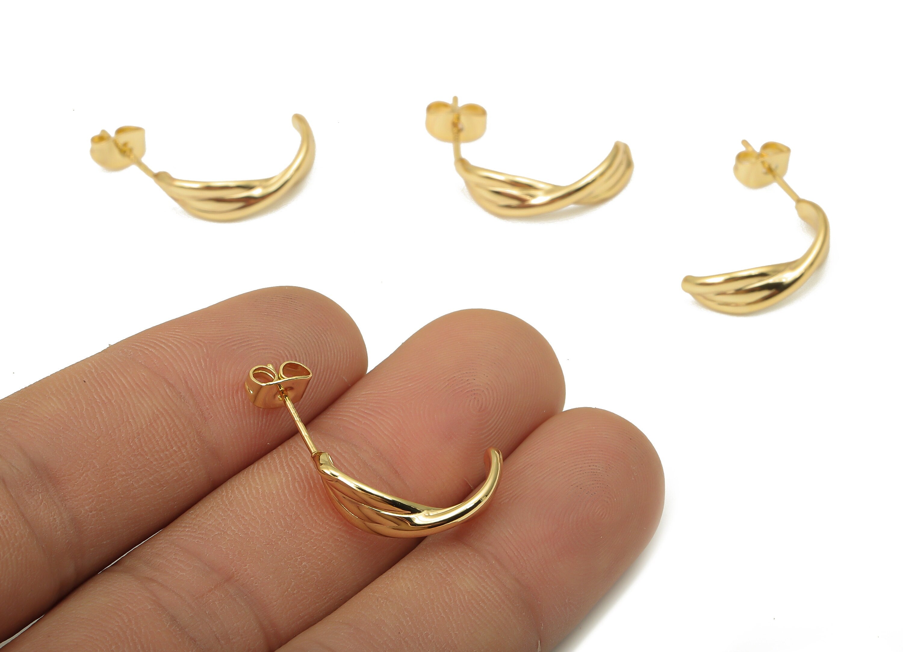 Brass Curled Earrings Studs - Brass Curved Bar Earrings Studs - 925 Silver Stud - 18K Real Gold Plated Brass - 19.9x9.88x1.54mm - RGP5133 - DOMEDBAZAAR