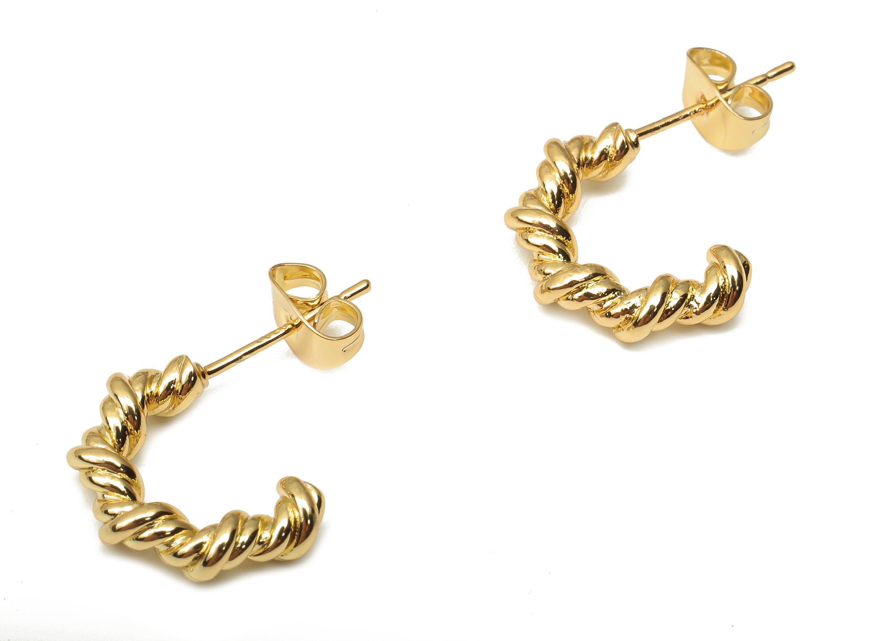 Brass C Curved Earring Post - Round Wired Rope Earring Stud with Back - 925 Silver Stud - 18K Real Gold Plating – 16.1x11.2x3.8mm - RGP5136 - DOMEDBAZAAR