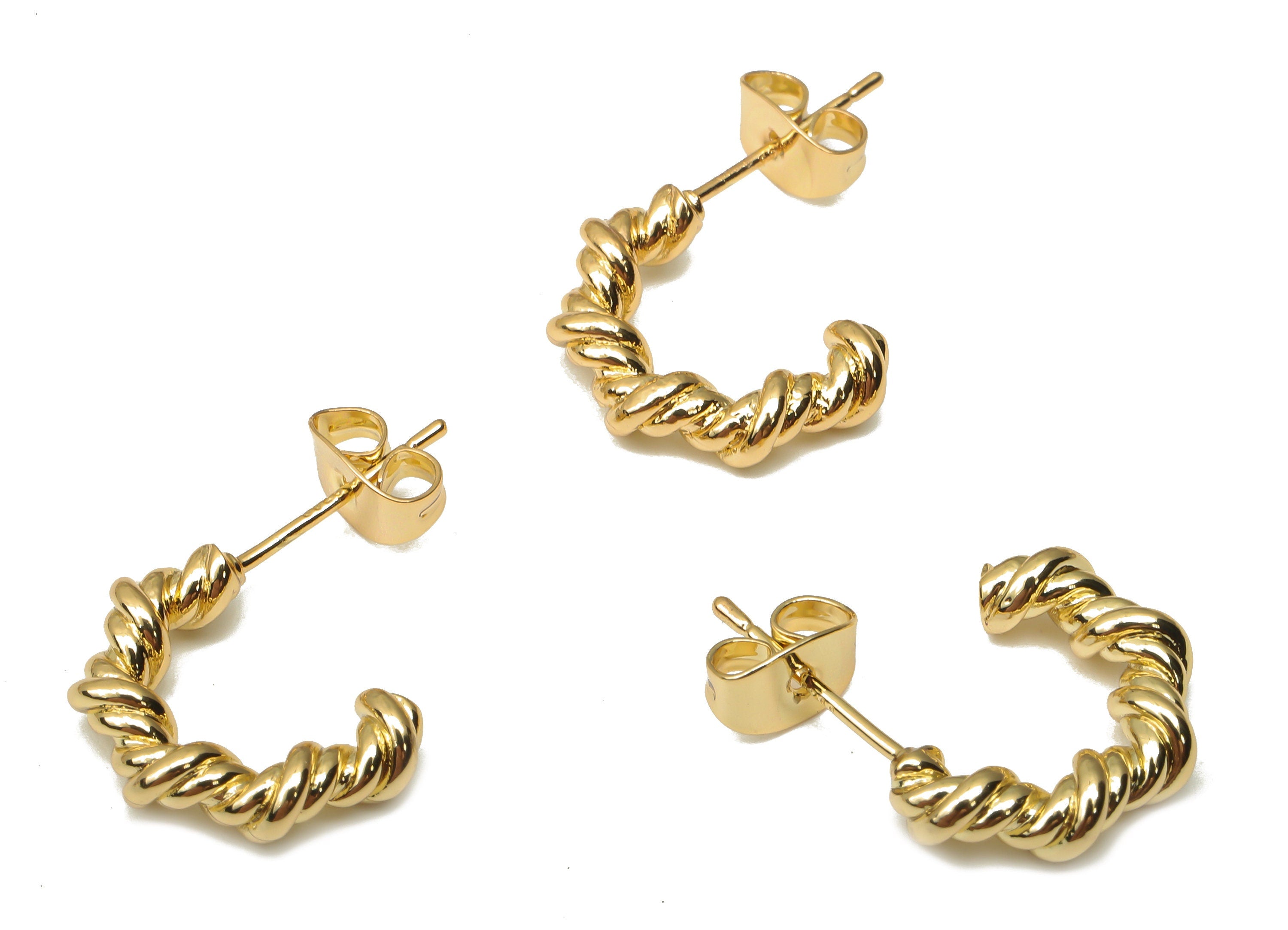 Brass C Curved Earring Post - Round Wired Rope Earring Stud with Back - 925 Silver Stud - 18K Real Gold Plating – 16.1x11.2x3.8mm - RGP5136 - DOMEDBAZAAR