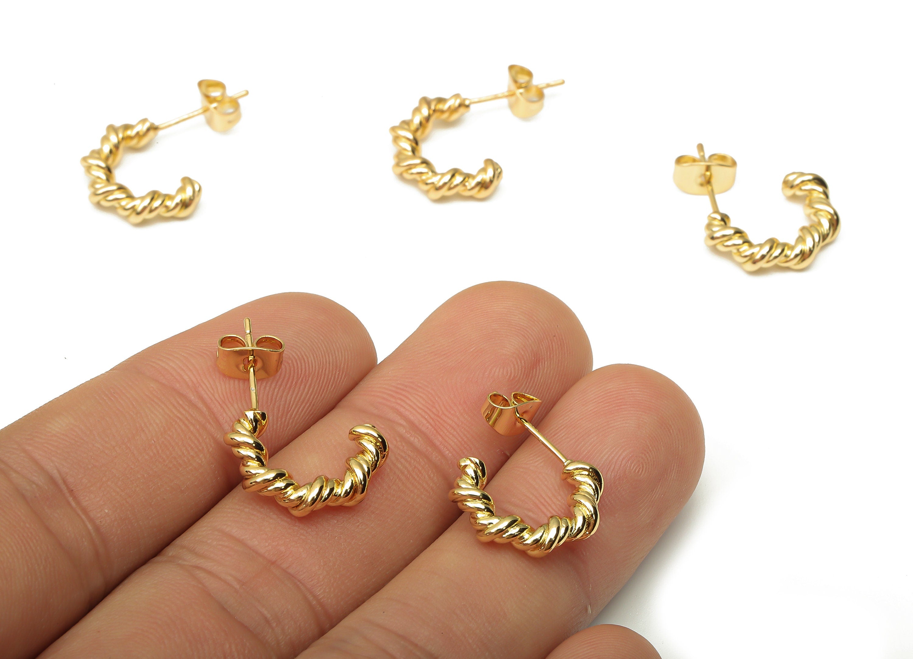 Brass C Curved Earring Post - Round Wired Rope Earring Stud with Back - 925 Silver Stud - 18K Real Gold Plating – 16.1x11.2x3.8mm - RGP5136 - DOMEDBAZAAR