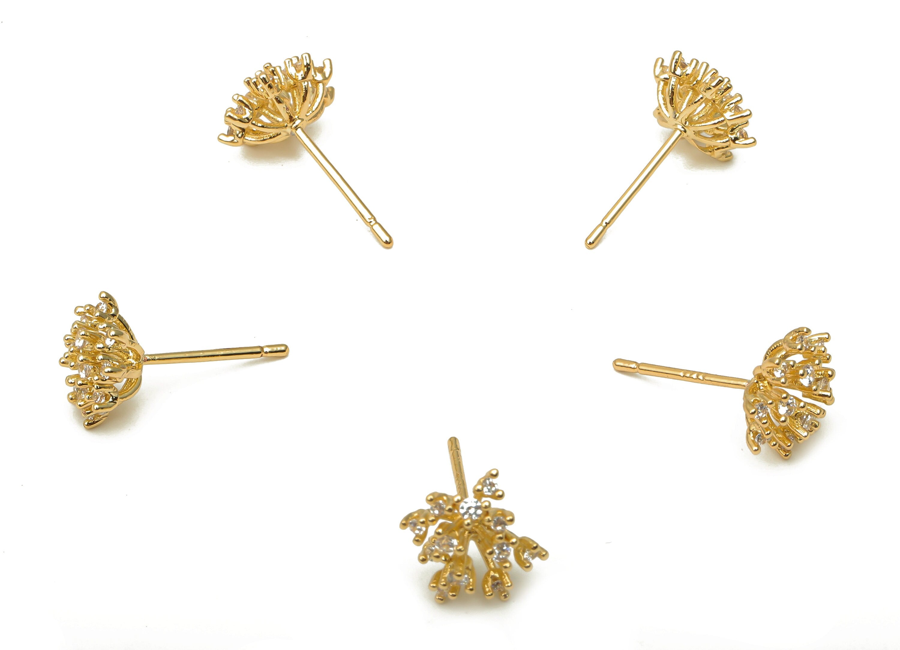 Brass Flower Post - Brass Long Flower Earring Stud with Zircon - 925 Silver Stud - 18K Real Gold Plated Brass - 10.2x10.2x4.92mm - RGP5138 - DOMEDBAZAAR