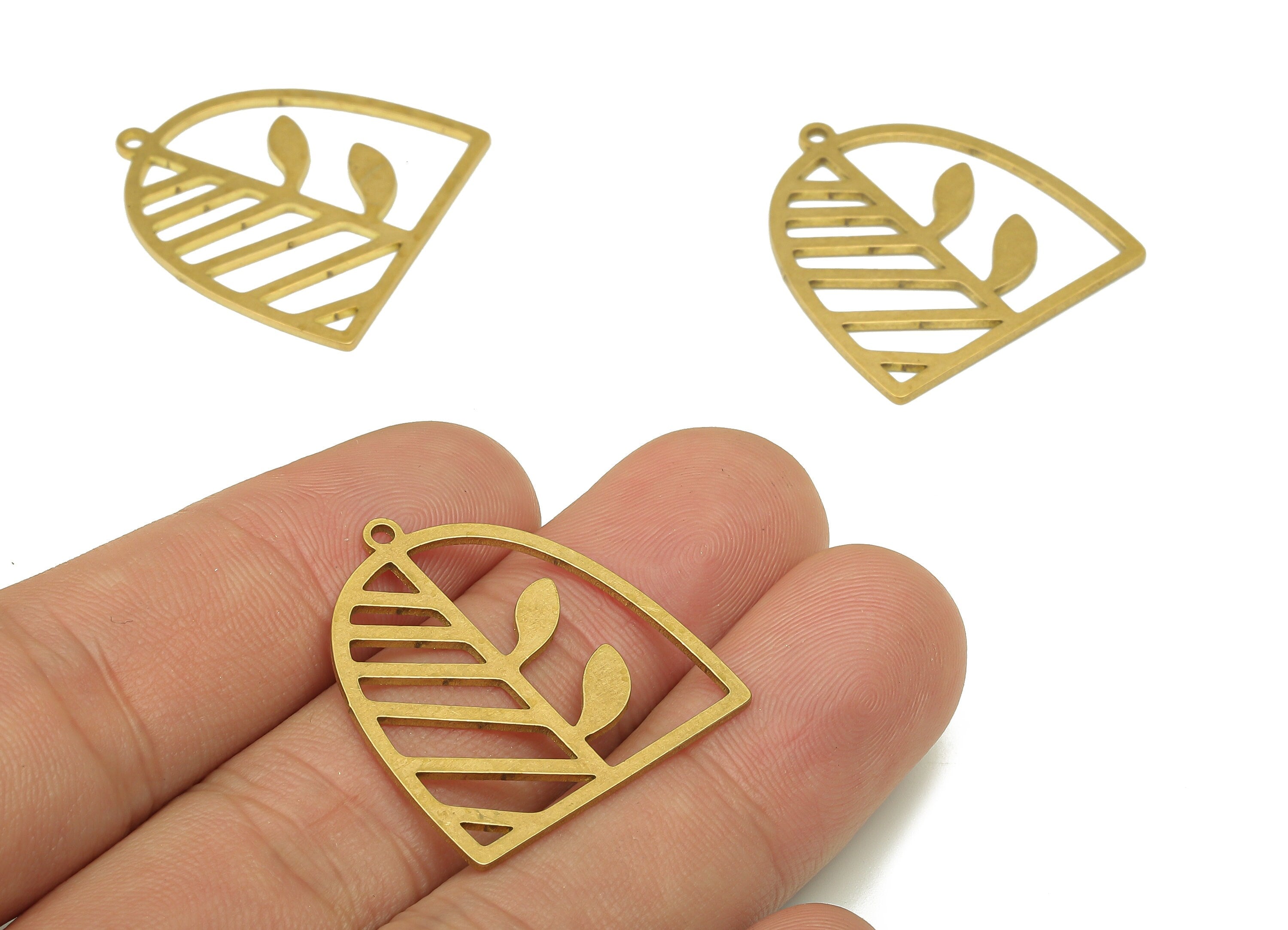 Brass Domed Flower Earring Charms - Raw Brass Half Ellipse Leaf Pendant With Loop - For Necklace - Tree Earring - 27.8x25.9x0.85mm - PPA5268 - DOMEDBAZAAR
