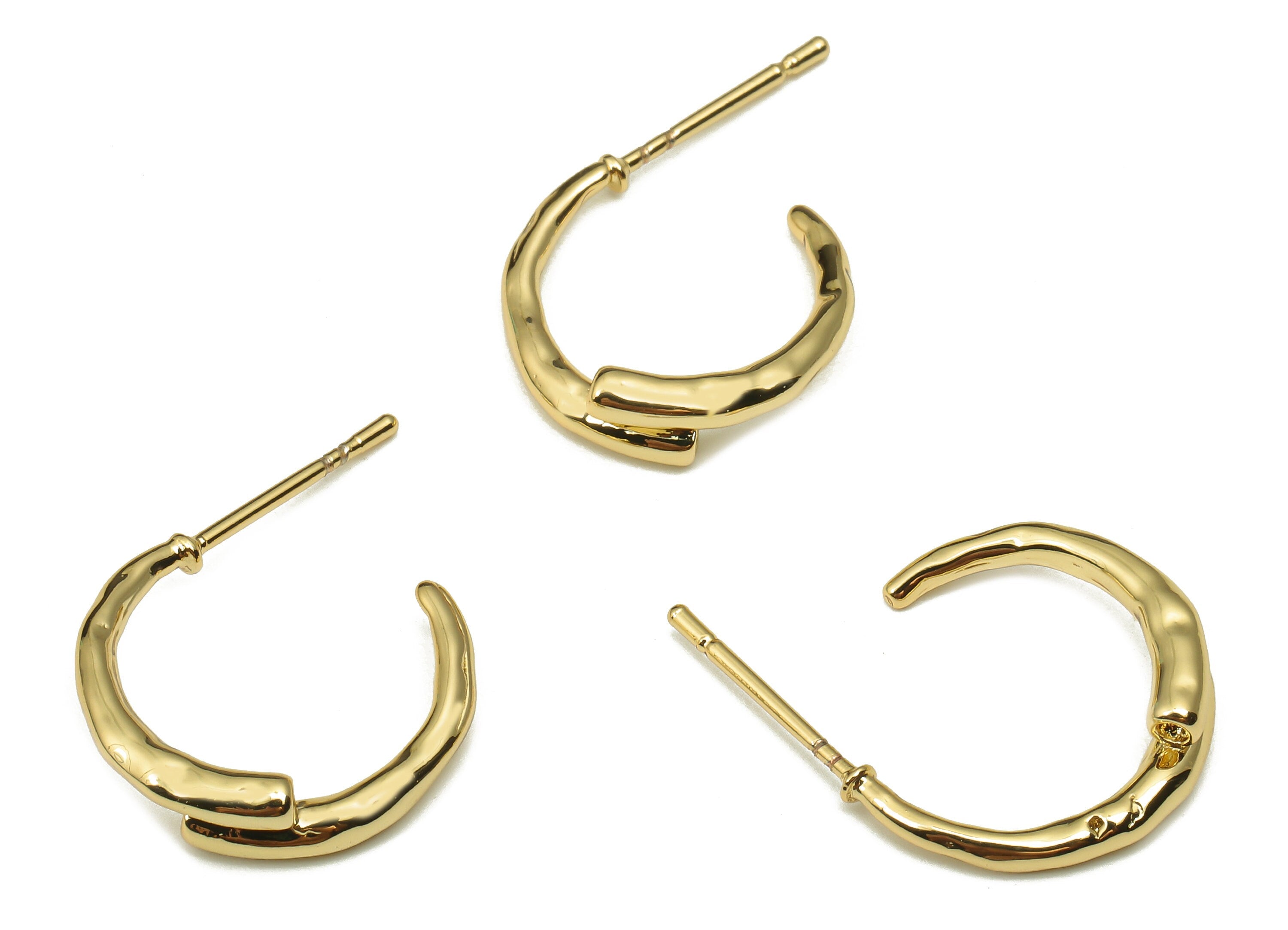 Brass Round Crescent Earring Post - Gold Circle Earring Hoop - Stainless Steel Stud - 18K Real Gold Plating - 16.6x14.81x2.19mm - RGP5235 - DOMEDBAZAAR