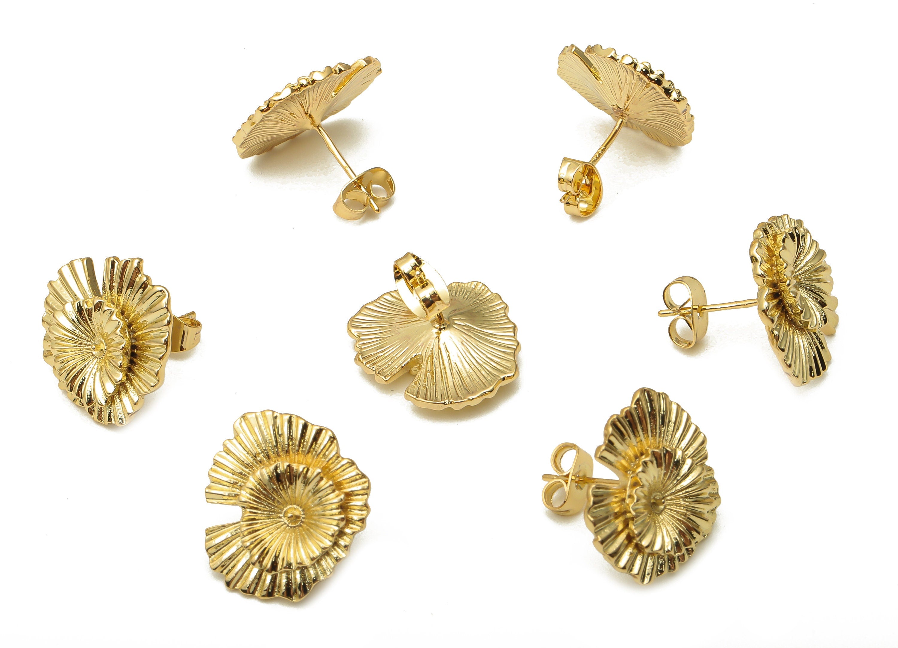 Brass Flower Earring Post - Gold Water Lily Earring Stud - 925 Silver Stud - 18K Real Gold Plated Brass - 17.8x16.3x1.4mm - RGP5148 - DOMEDBAZAAR
