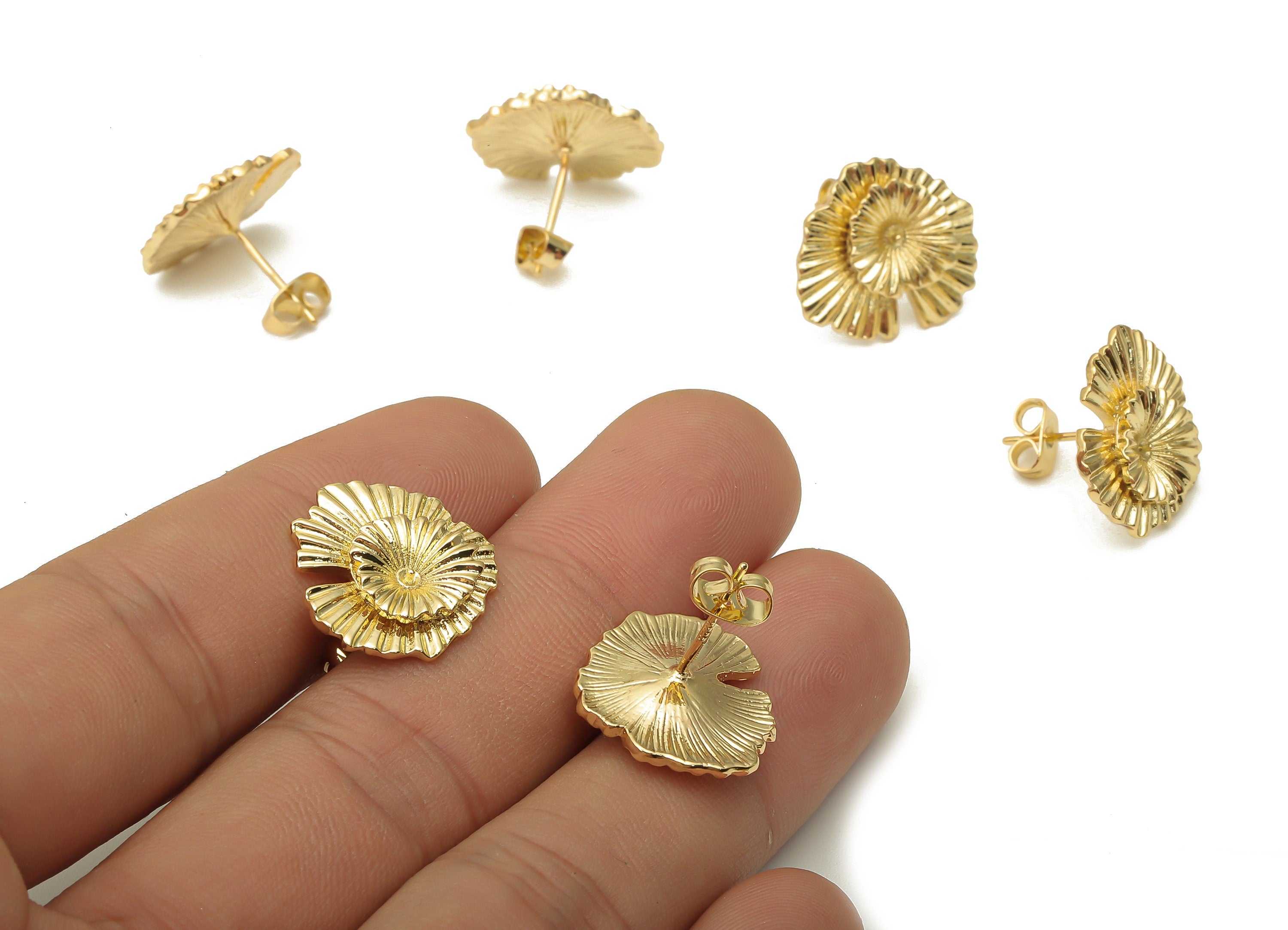 Brass Flower Earring Post - Gold Water Lily Earring Stud - 925 Silver Stud - 18K Real Gold Plated Brass - 17.8x16.3x1.4mm - RGP5148 - DOMEDBAZAAR
