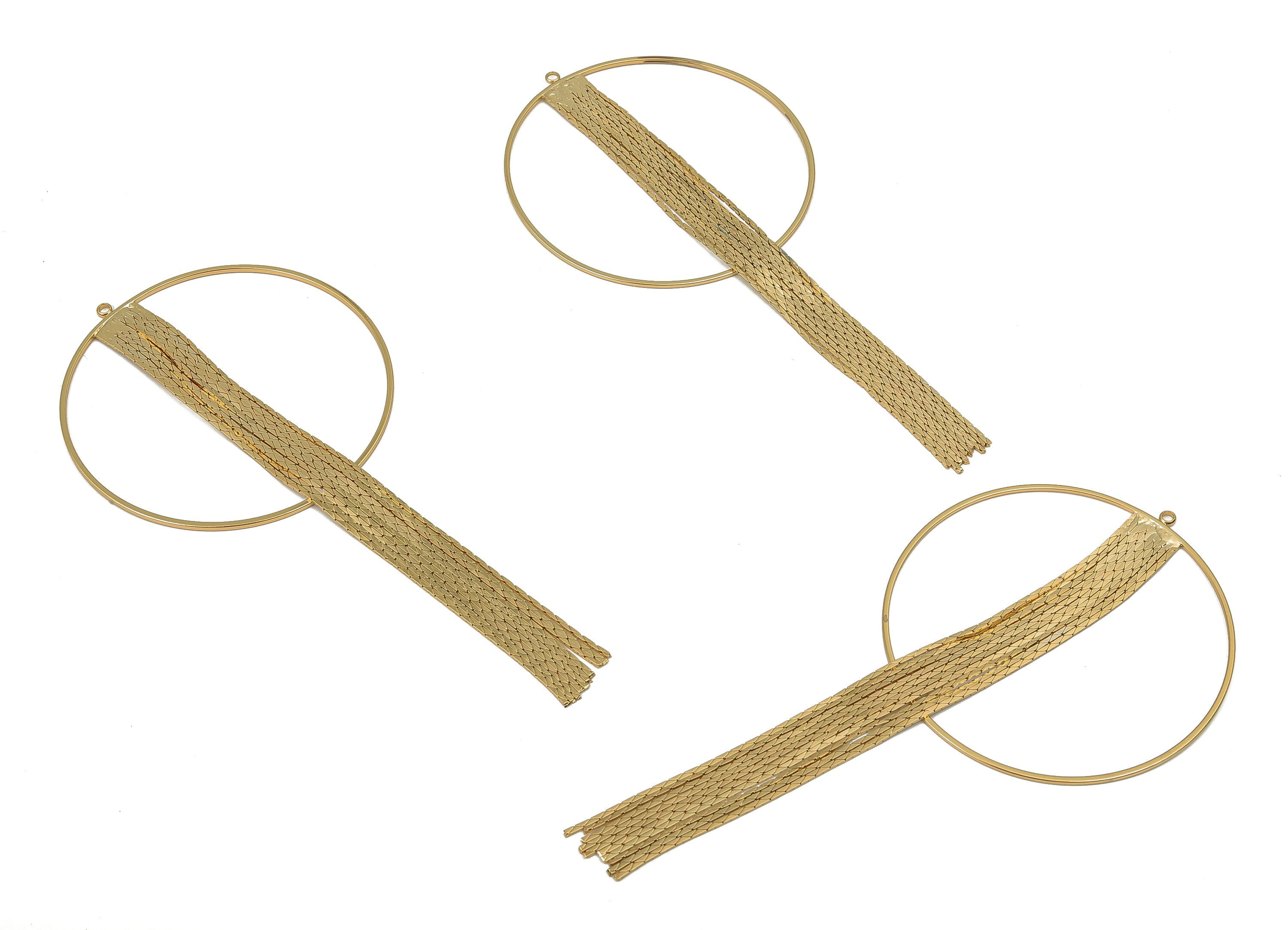 Brass Round Ring Tassel Chain Earring - Hanging Chain Hoop Earring - 18K Real Gold Plating - Circle Snake Chain - 102.1x49.6x1.1mm - RGP5150 - DOMEDBAZAAR