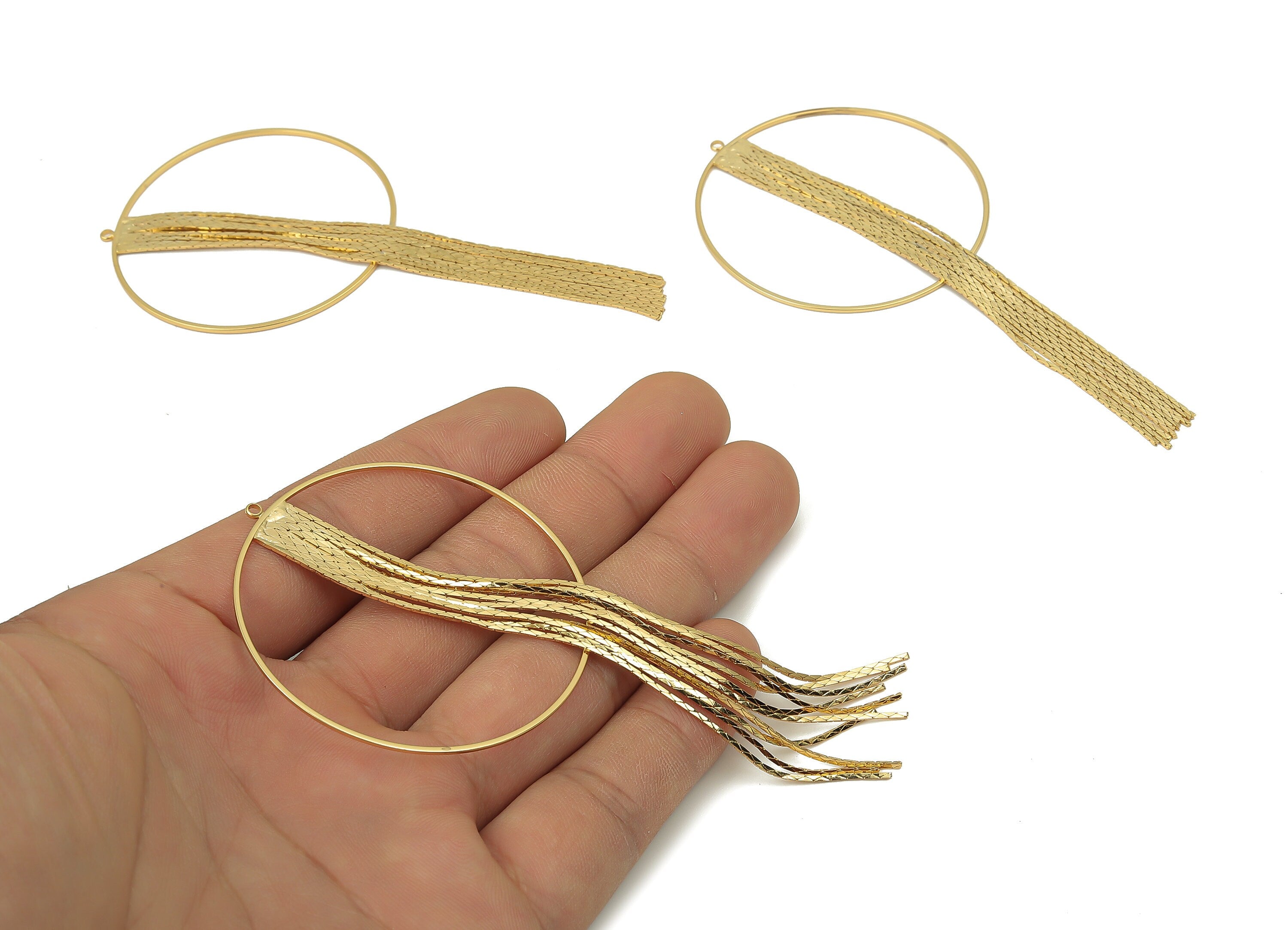 Brass Round Ring Tassel Chain Earring - Hanging Chain Hoop Earring - 18K Real Gold Plating - Circle Snake Chain - 102.1x49.6x1.1mm - RGP5150 - DOMEDBAZAAR