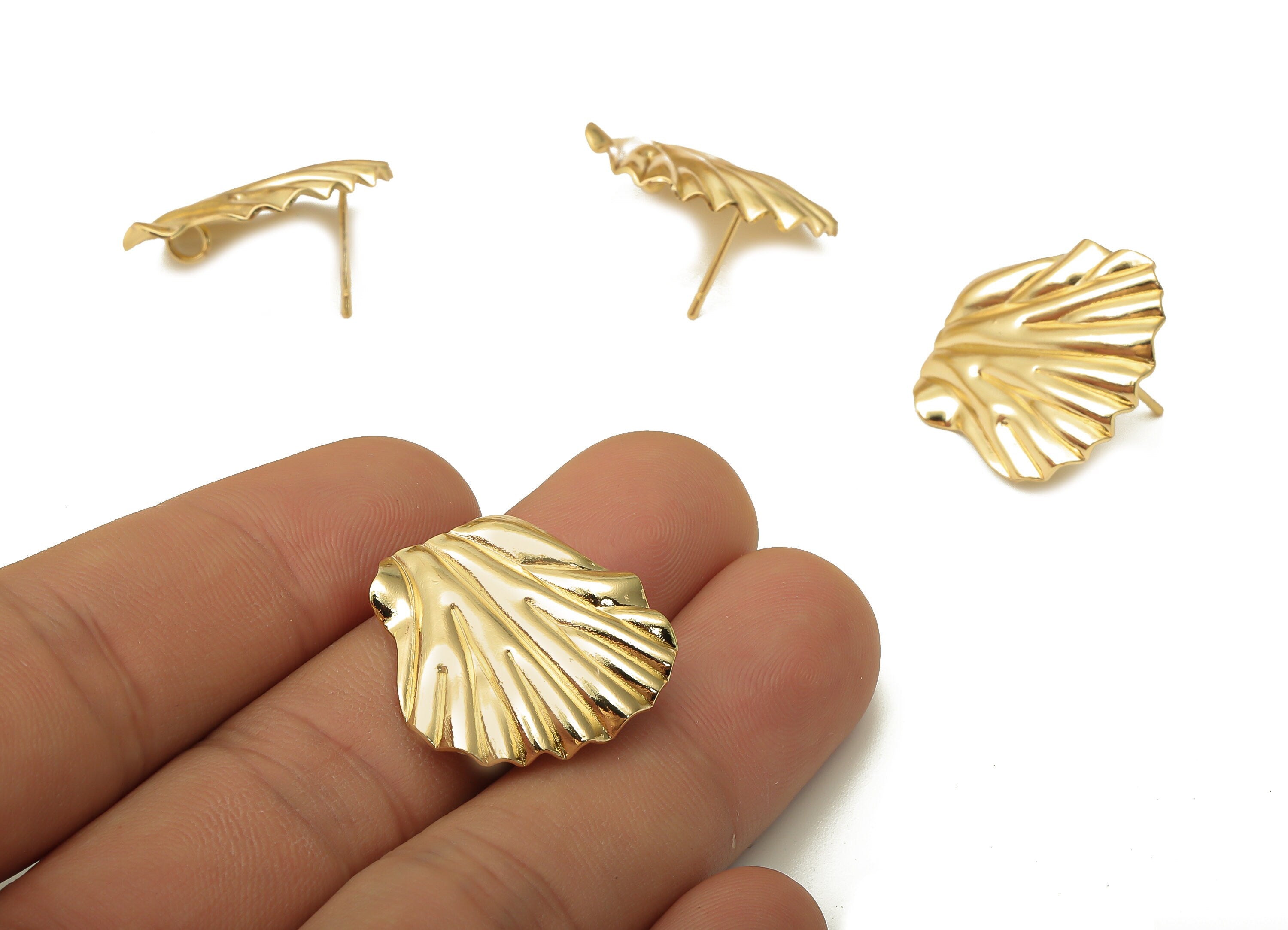 Brass Wave Leaf Earring Posts - Wavy Gold Shell Earring With Loop - Stainless Steel Stud - 18K Real Gold Plating - 22.6x21.96x0.8mm -RGP5156 - DOMEDBAZAAR