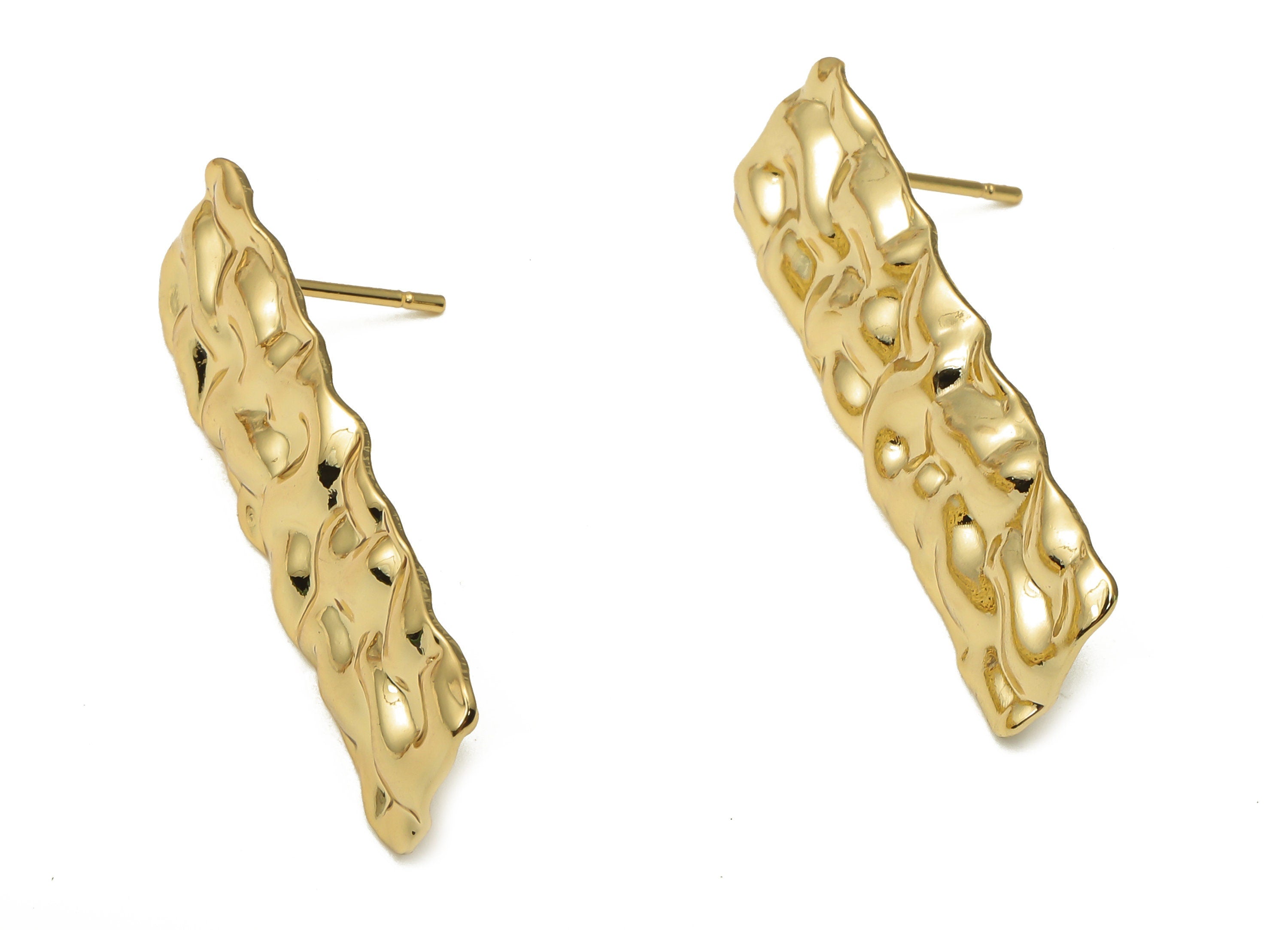 Brass Wavy Long Bar Earring With Loop Post - Long Rectangle Stud - Stainless Steel Stud - 18K Real Gold Plating - 35.1x10.14x1.1mm - RGP5169 - DOMEDBAZAAR