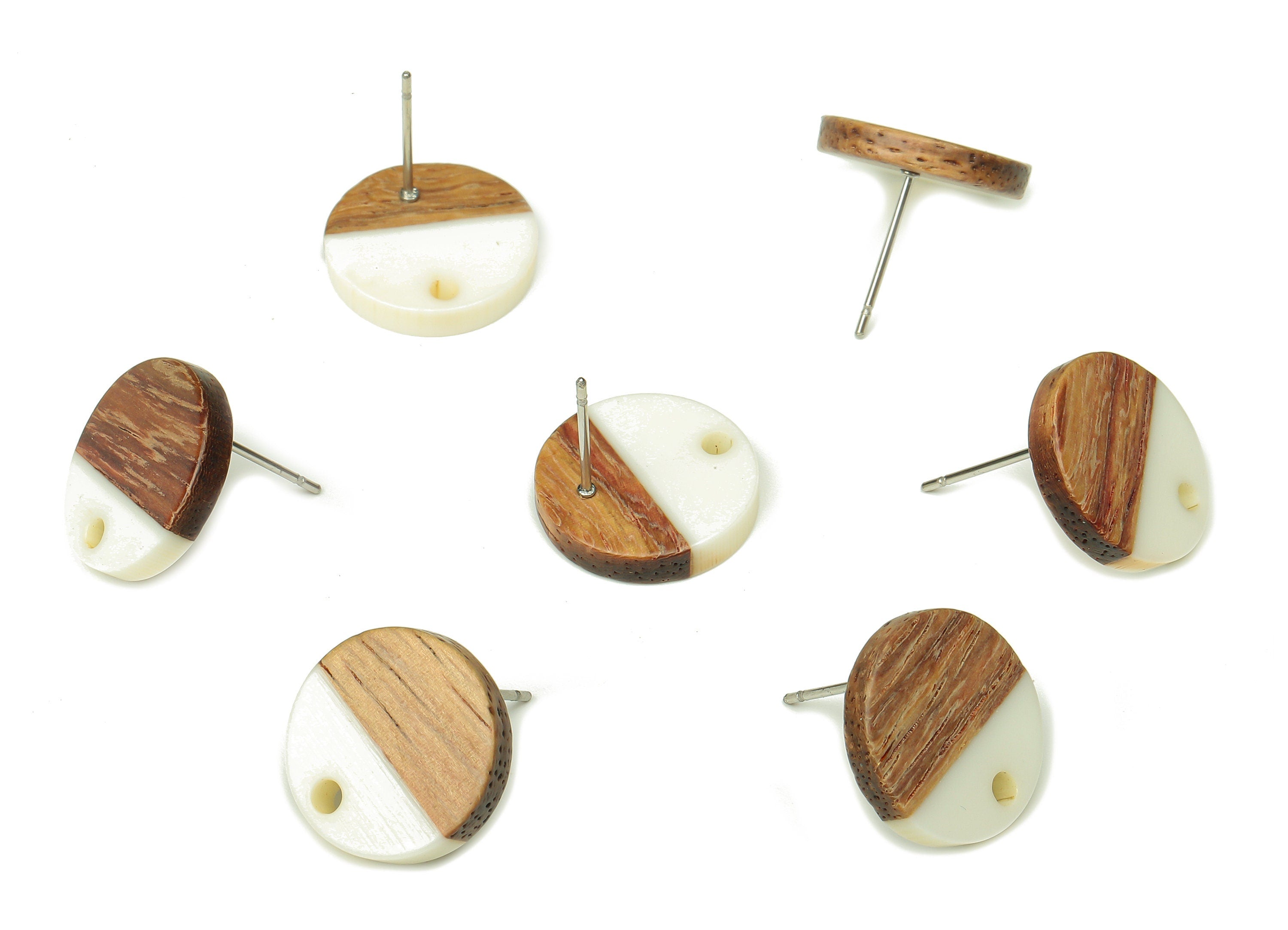 Natural Wooden Round Earring Stud - Walnut Wood White Resin Circle Earring Post - 316 Stainless Steel Stud - 15.05x15.05x3.11mm - BB1250C - DOMEDBAZAAR