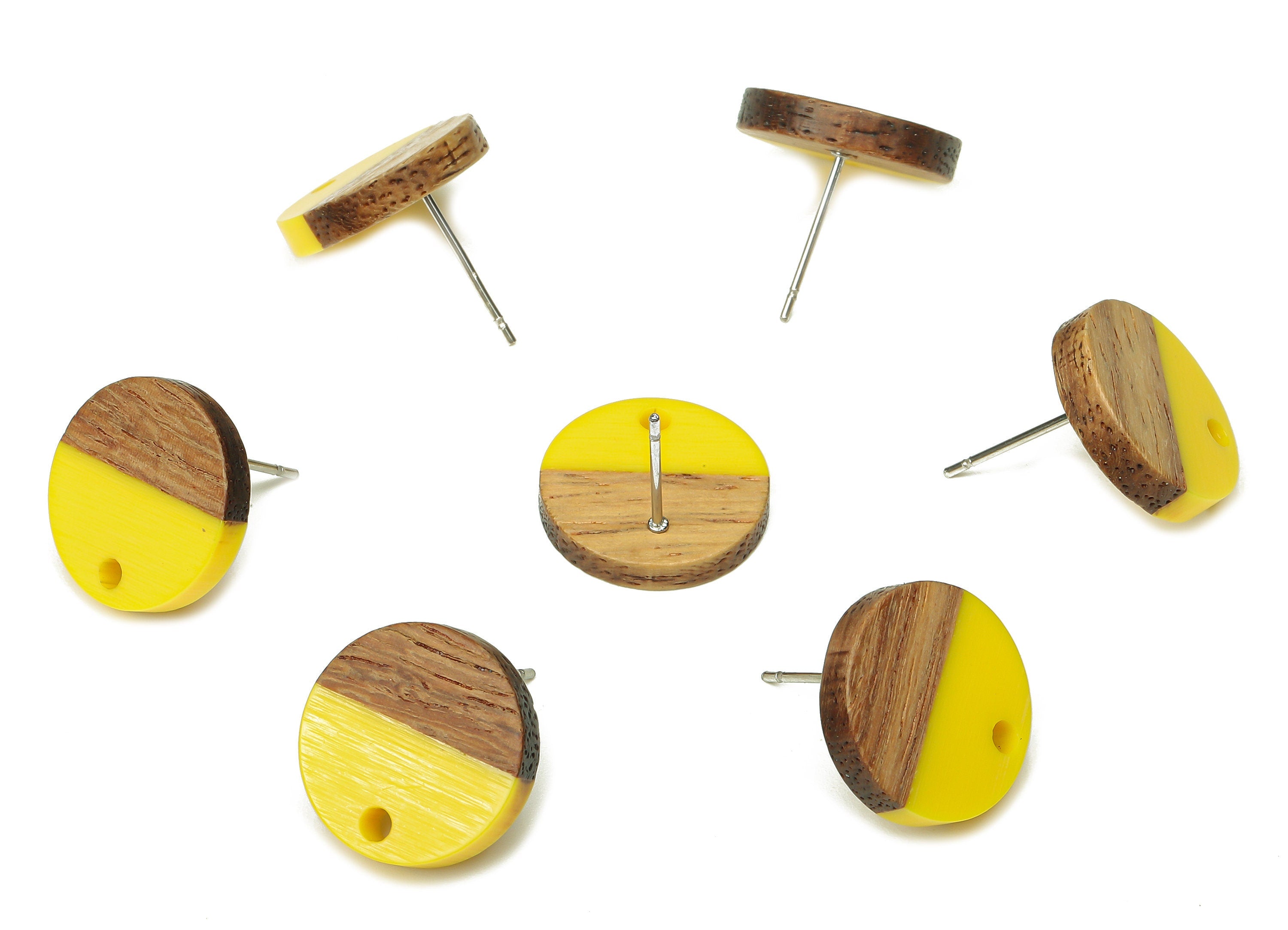 Natural Wooden Round Earring Stud - Walnut Wood Yellow Resin Circle Earring Post - 316 Stainless Steel Stud - 15.05x15.05x3.11mm - BB1250E - DOMEDBAZAAR