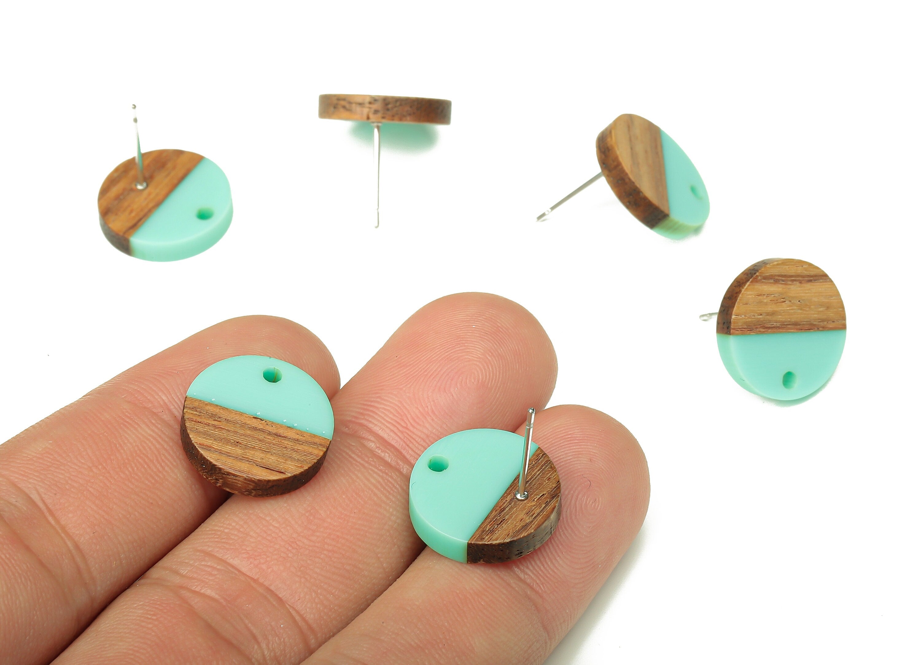 Natural Wooden Round Earring Stud - Walnut Wood Aqua Resin Circle Earring Post - 316 Stainless Steel Stud - 15.05x15.05x3.11mm - BB1250J - DOMEDBAZAAR