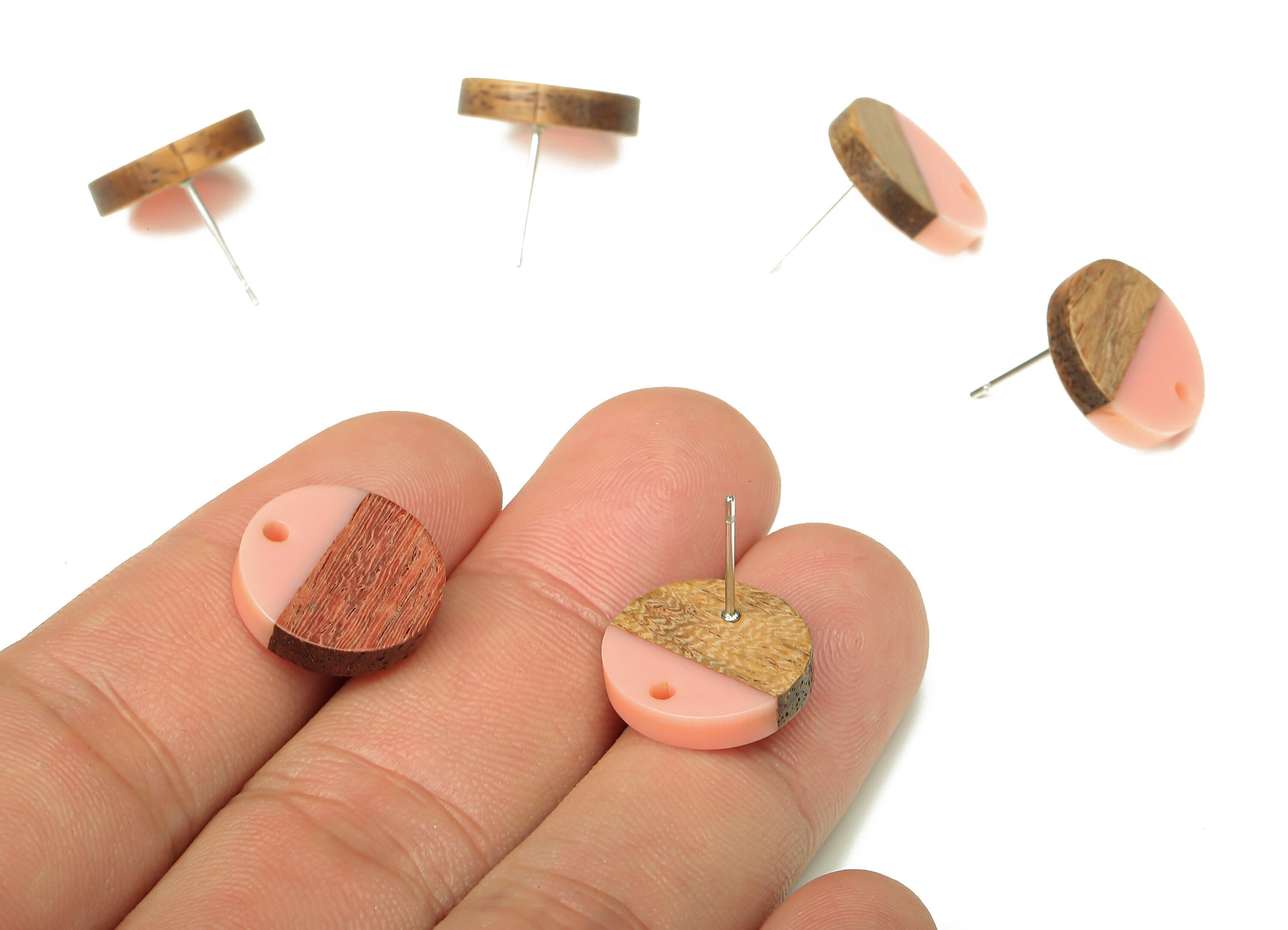 Natural Wooden Round Earring Stud - Walnut Wood Pink Resin Circle Earring Post - 316 Stainless Steel Stud - 15.05x15.05x3.11mm - BB1250L - DOMEDBAZAAR