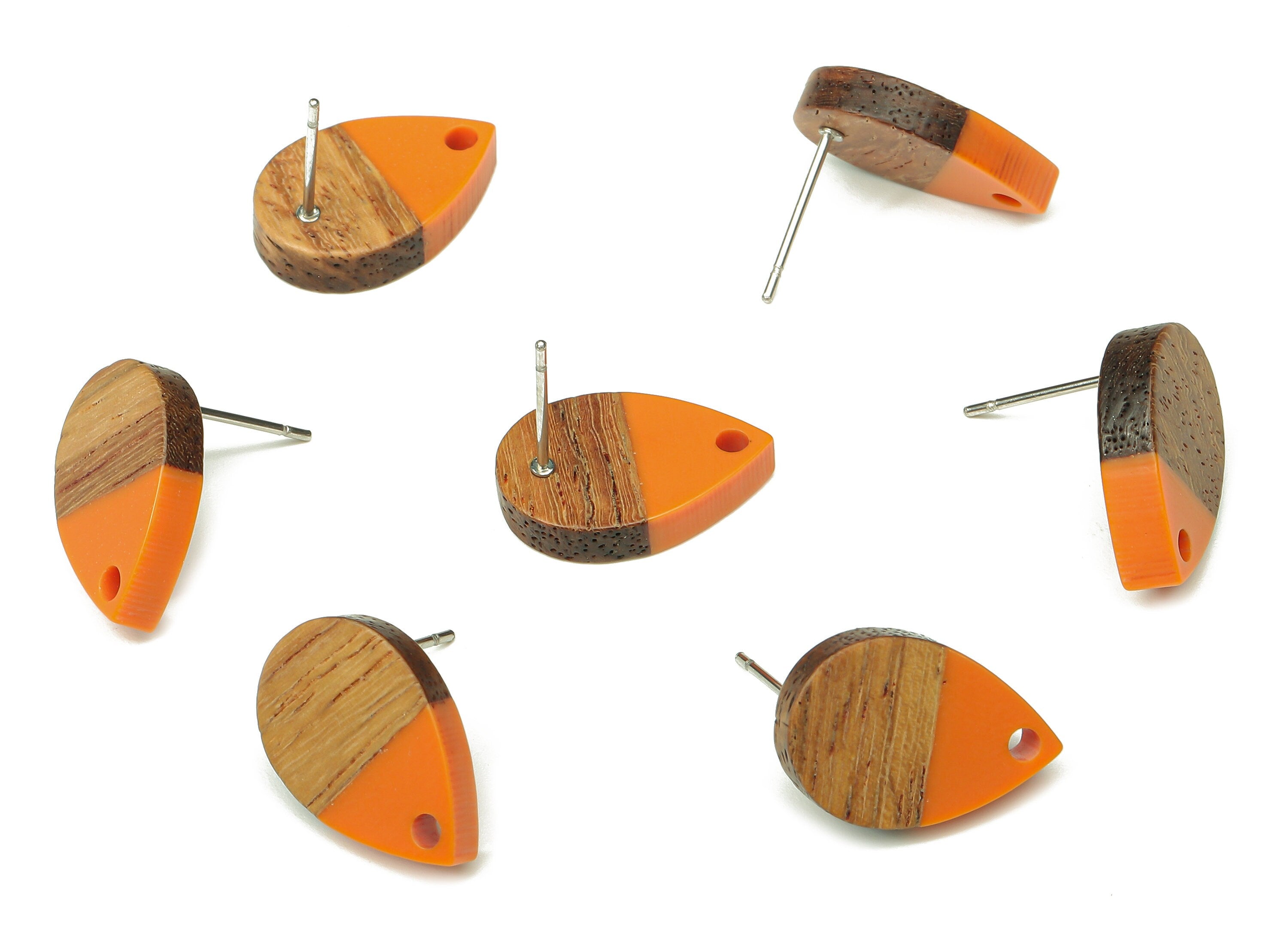 Natural Wooden Drop Earring Stud - Walnut Wood Orange Resin Teardrop Earring Post - 316 Stainless Steel Stud - 16.7x11.06x3.21mm - BB1251B - DOMEDBAZAAR