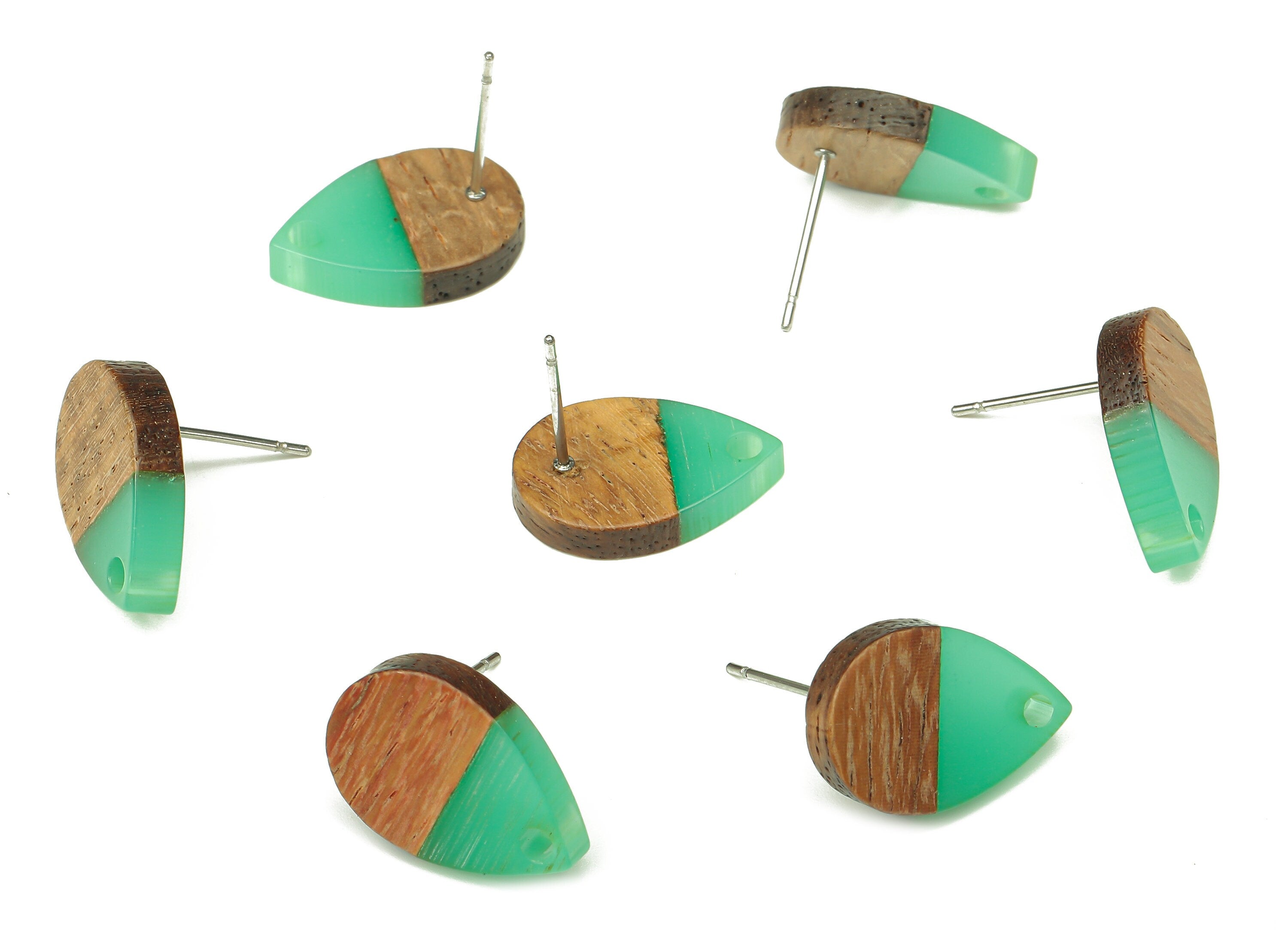 Natural Wooden Drop Earring Stud - Walnut Wood Green Resin Teardrop Earring Post - 316 Stainless Steel Stud - 16.7x11.06x3.21mm - BB1251C - DOMEDBAZAAR
