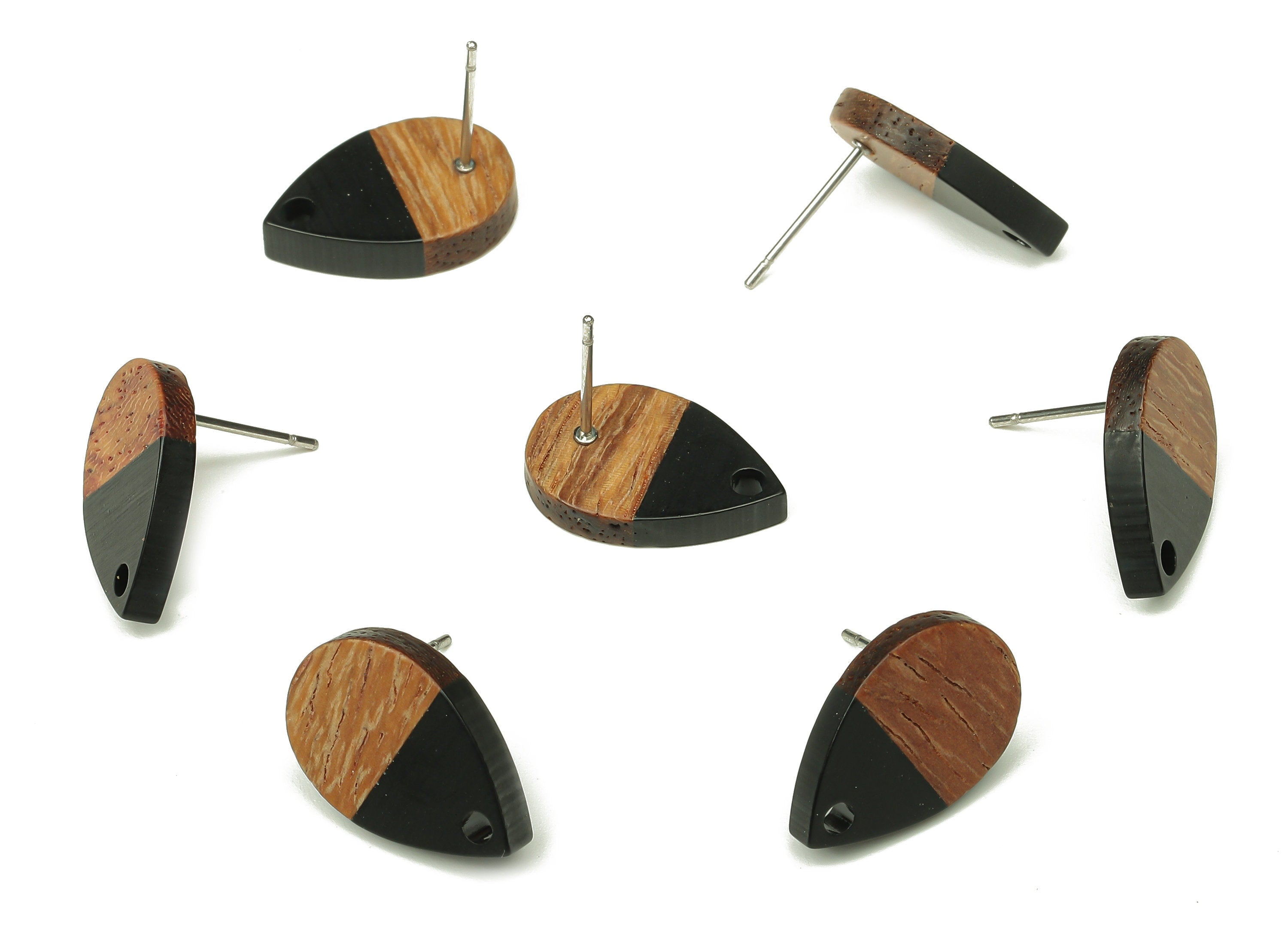 Natural Wooden Drop Earring Stud - Walnut Wood Black Resin Teardrop Earring Post - 316 Stainless Steel Stud - 16.7x11.06x3.21mm - BB1251D - DOMEDBAZAAR