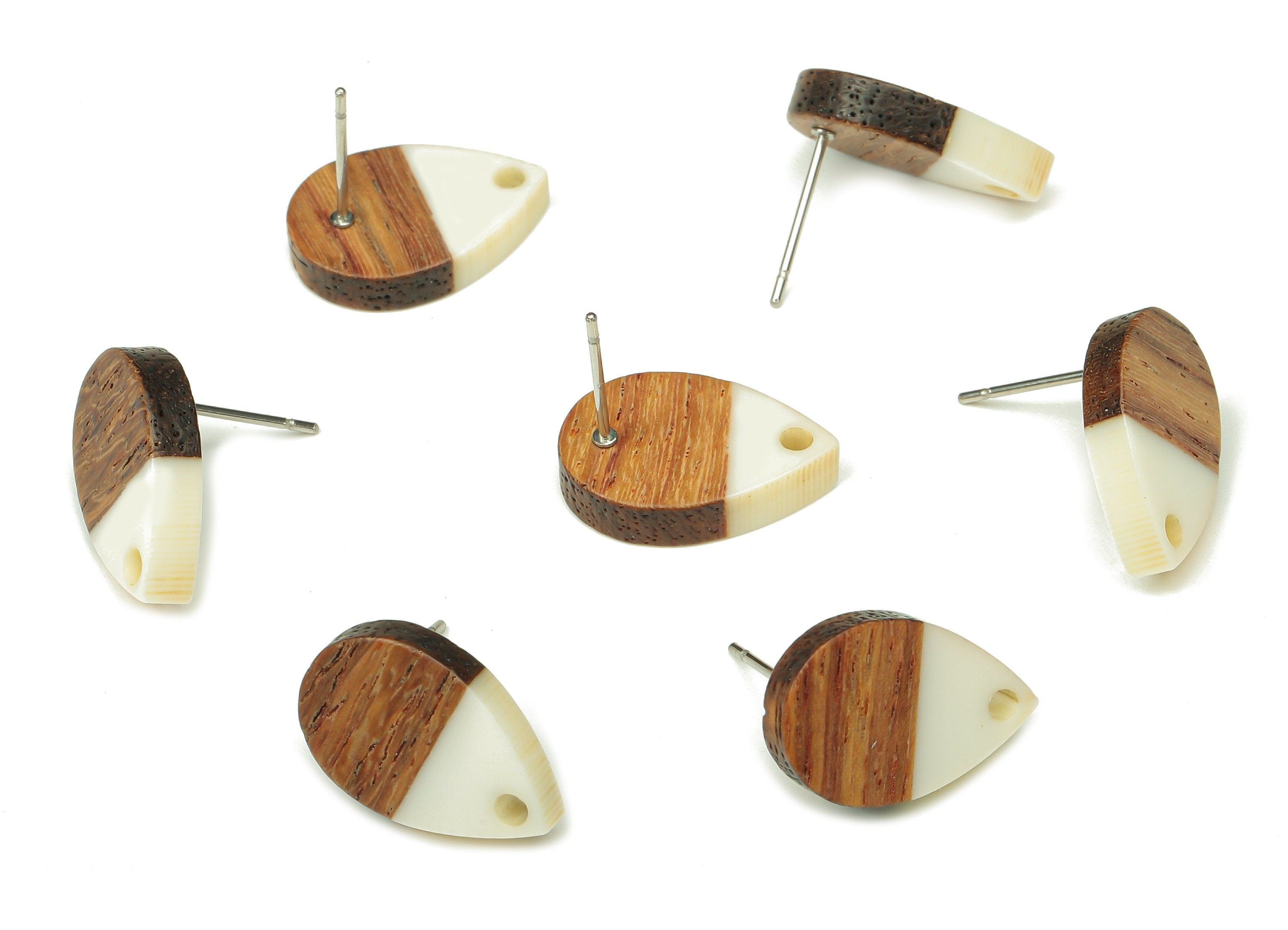 Natural Wooden Drop Earring Stud - Walnut Wood White Resin Teardrop Earring Post - 316 Stainless Steel Stud - 16.7x11.06x3.21mm - BB1251F - DOMEDBAZAAR