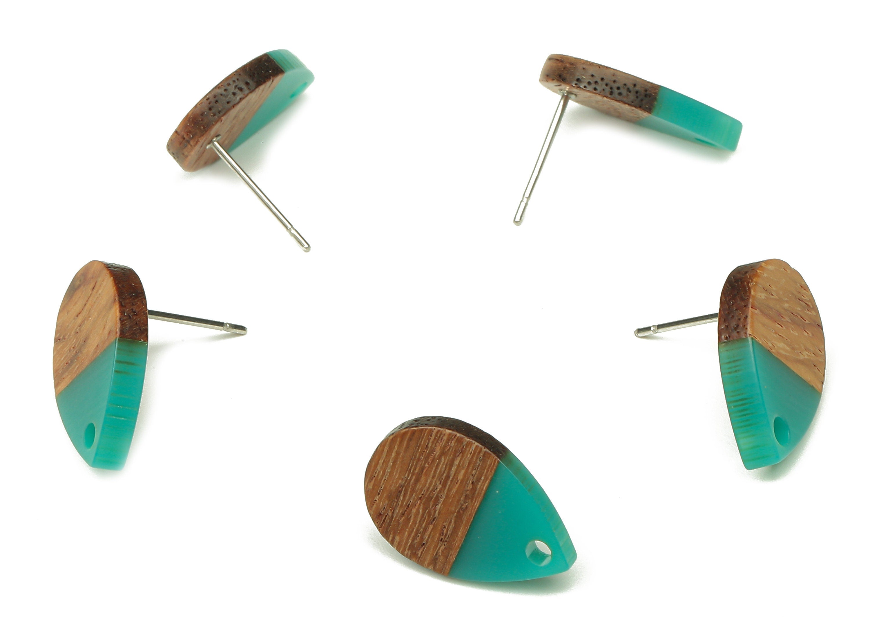 Natural Wooden Drop Earring Stud - Walnut Wood Petrol Resin Teardrop Earring Post - 316 Stainless Steel Stud - 16.7x11.06x3.21mm - BB1251K - DOMEDBAZAAR