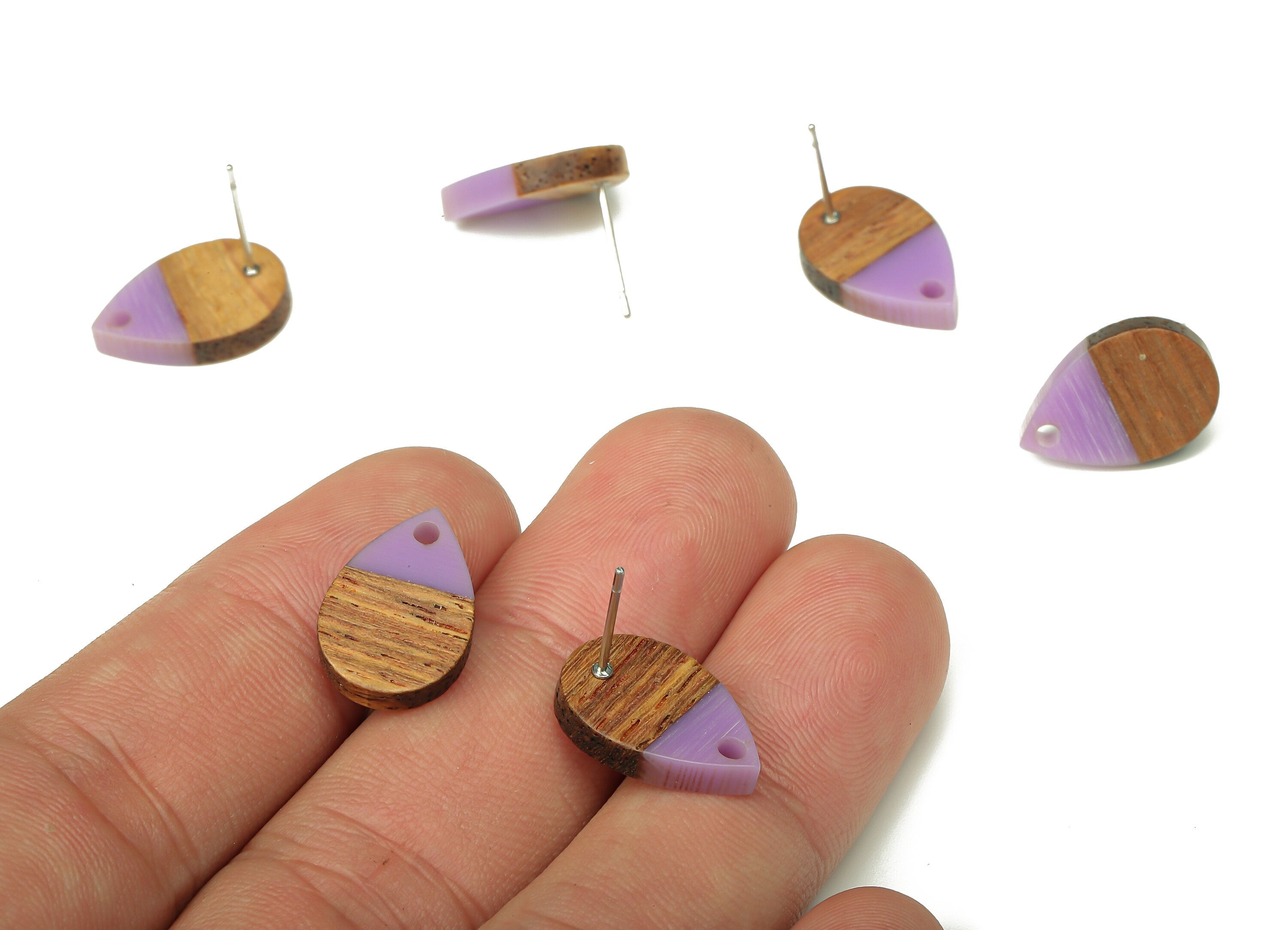Natural Wooden Drop Earring Stud - Walnut Wood Purple Resin Teardrop Earring Post - 316 Stainless Steel Stud - 16.7x11.06x3.21mm - BB1251M - DOMEDBAZAAR