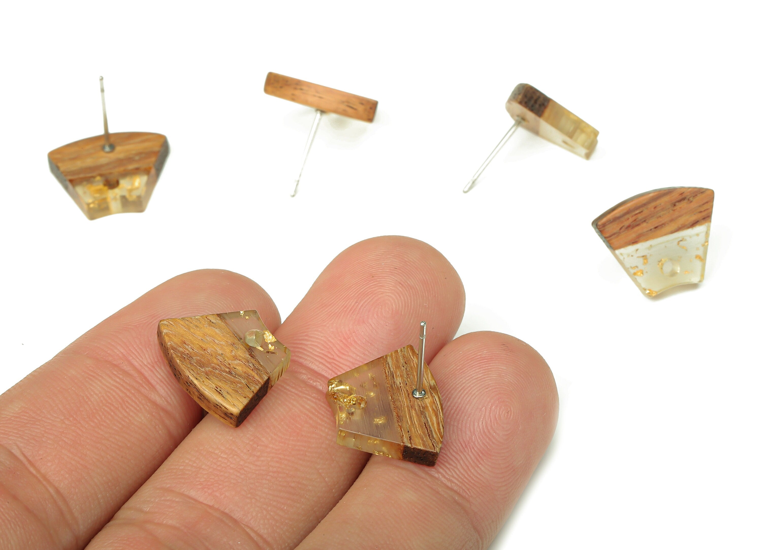 Natural Wooden Trapezoid Earring Stud - Walnut Wood Gold Foil Clear Resin Fan Post - 316 Stainless Steel Stud - 15.32x12.32x3.26mm - BB1252J - DOMEDBAZAAR