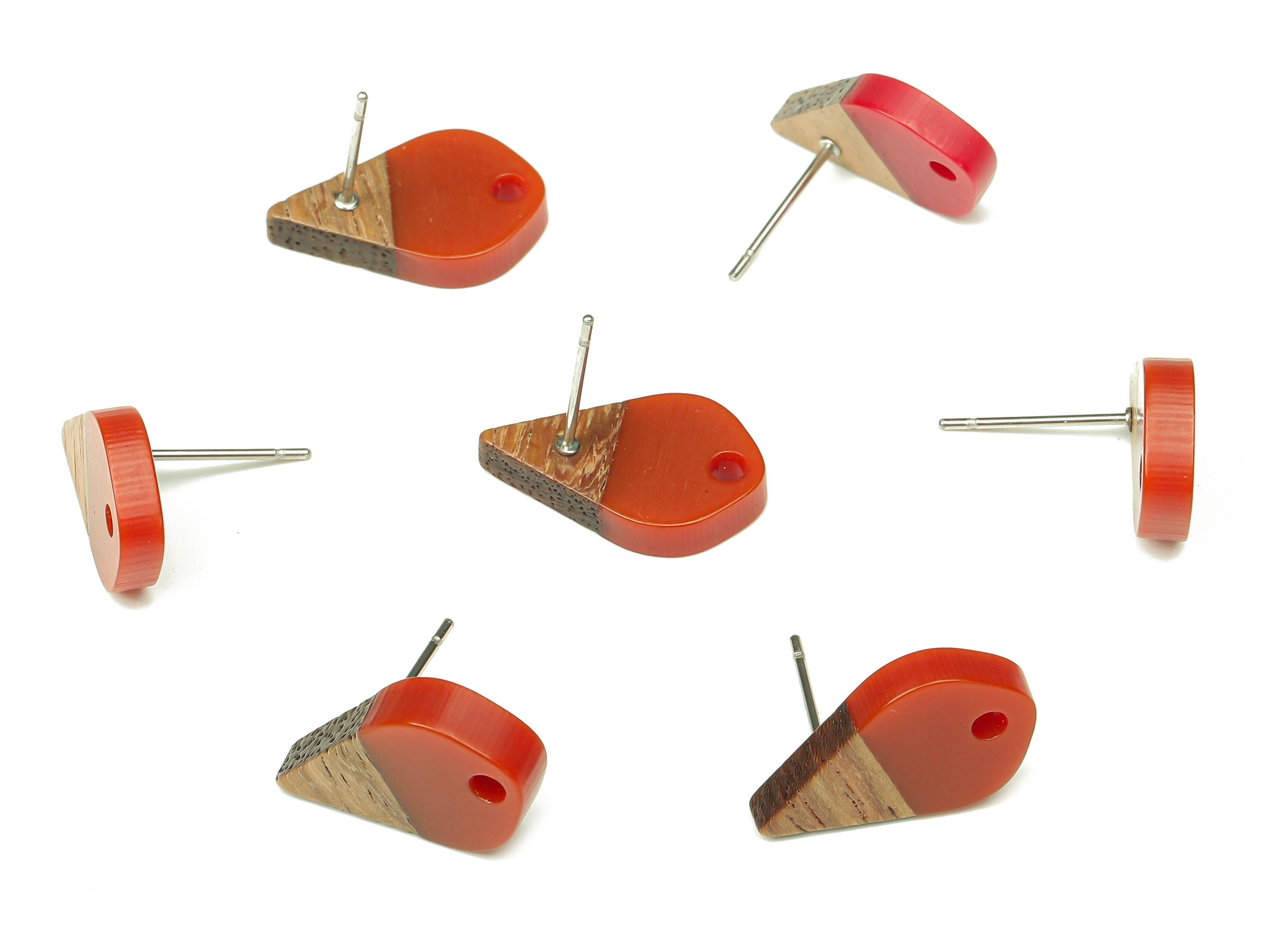 Natural Wooden Drop Earring Stud - Walnut Wood Red Resin Teardrop Earring Post - 316 Stainless Steel Stud - 17.76x10.96x2.73mm - BB1253B - DOMEDBAZAAR