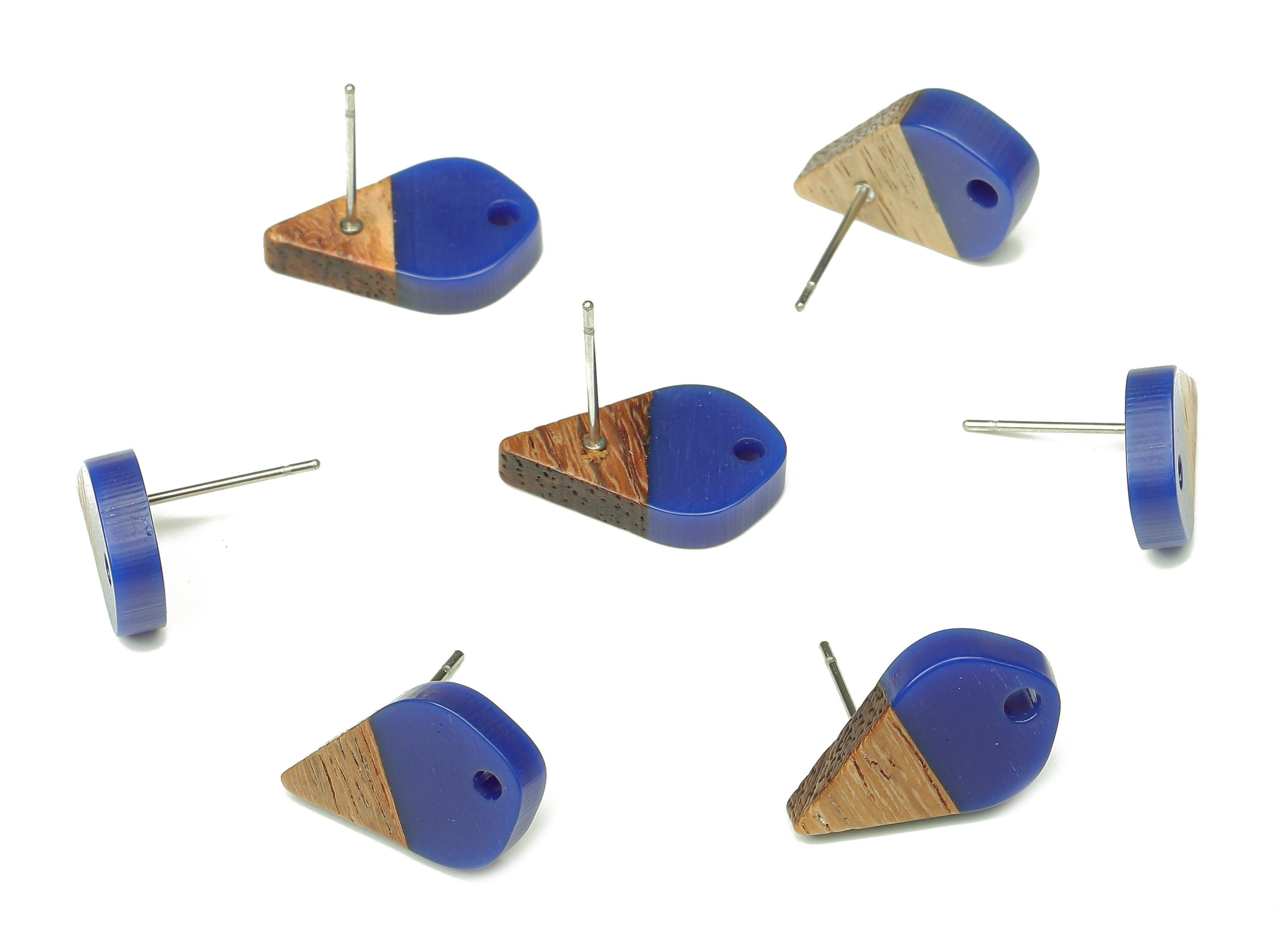 Natural Wooden Drop Earring Stud - Walnut Wood Blue Resin Teardrop Earring Post - 316 Stainless Steel Stud - 17.76x10.96x2.73mm - BB1253C - DOMEDBAZAAR