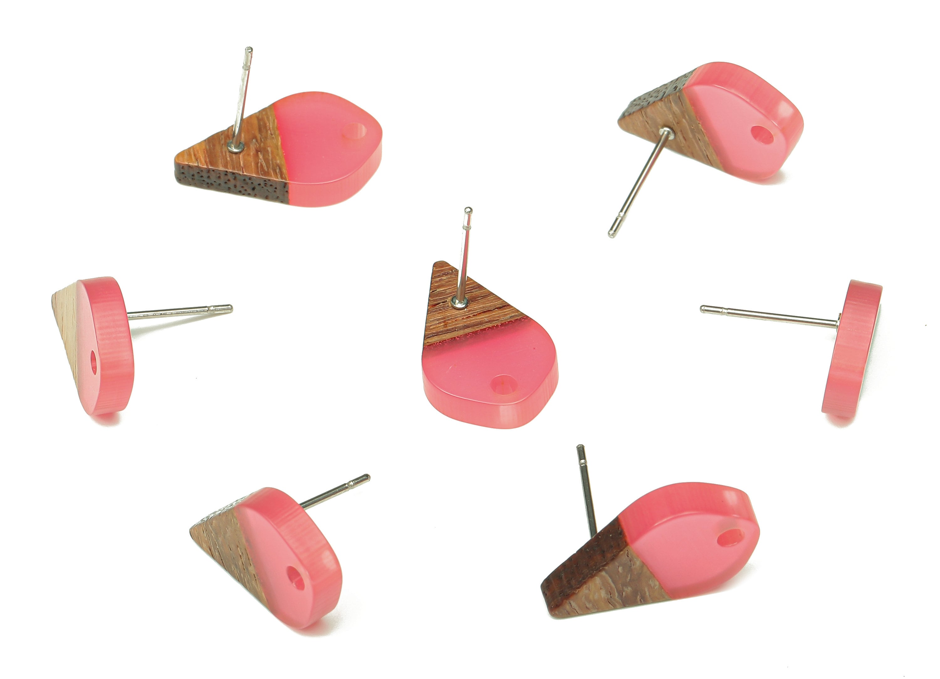 Natural Wooden Drop Earring Stud - Walnut Wood Pink Resin Teardrop Earring Post - 316 Stainless Steel Stud - 17.76x10.96x2.73mm - BB1253F - DOMEDBAZAAR