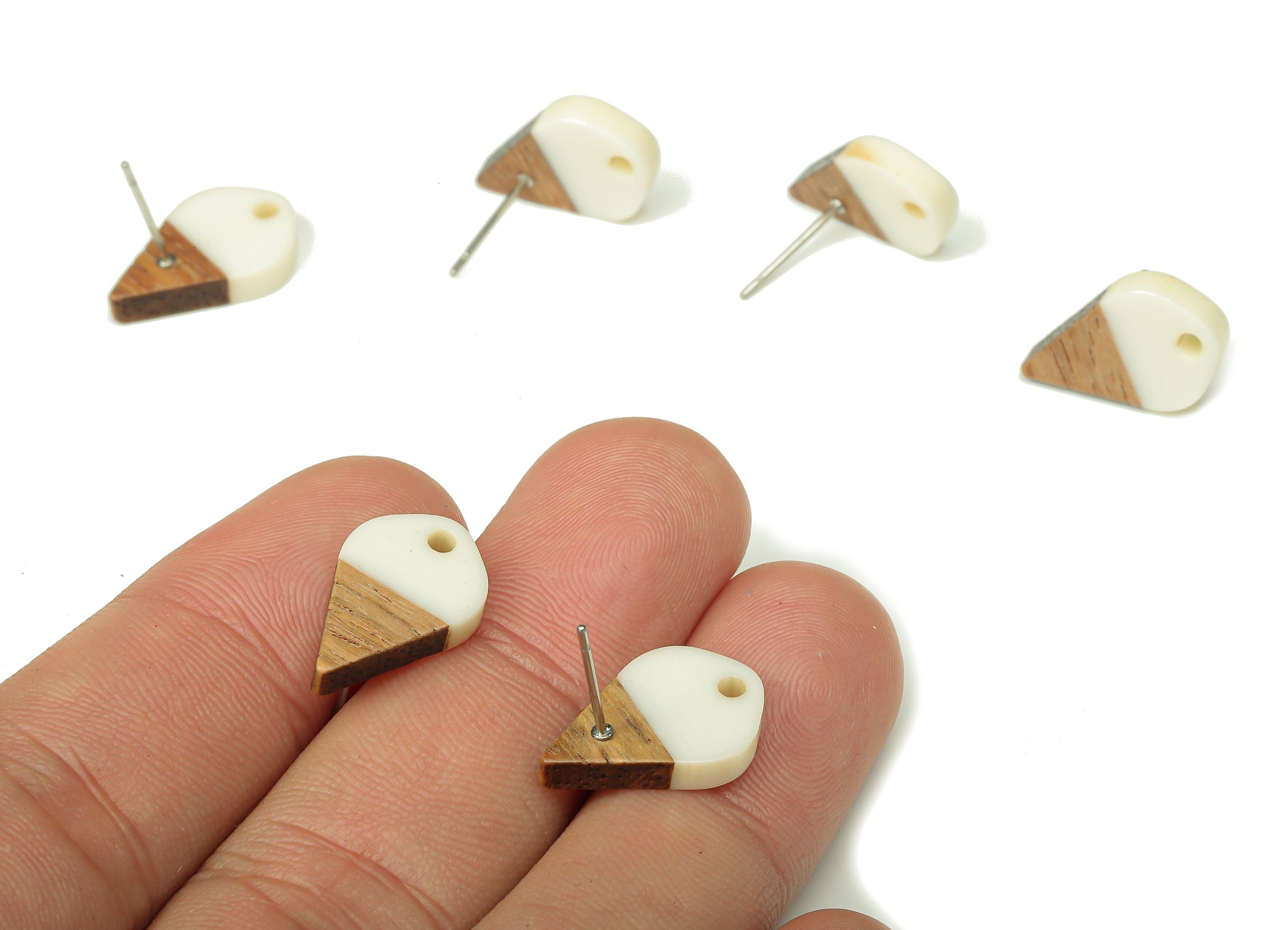 Natural Wooden Drop Earring Stud - Walnut Wood White Resin Teardrop Earring Post - 316 Stainless Steel Stud - 17.76x10.96x2.73mm - BB1253H - DOMEDBAZAAR