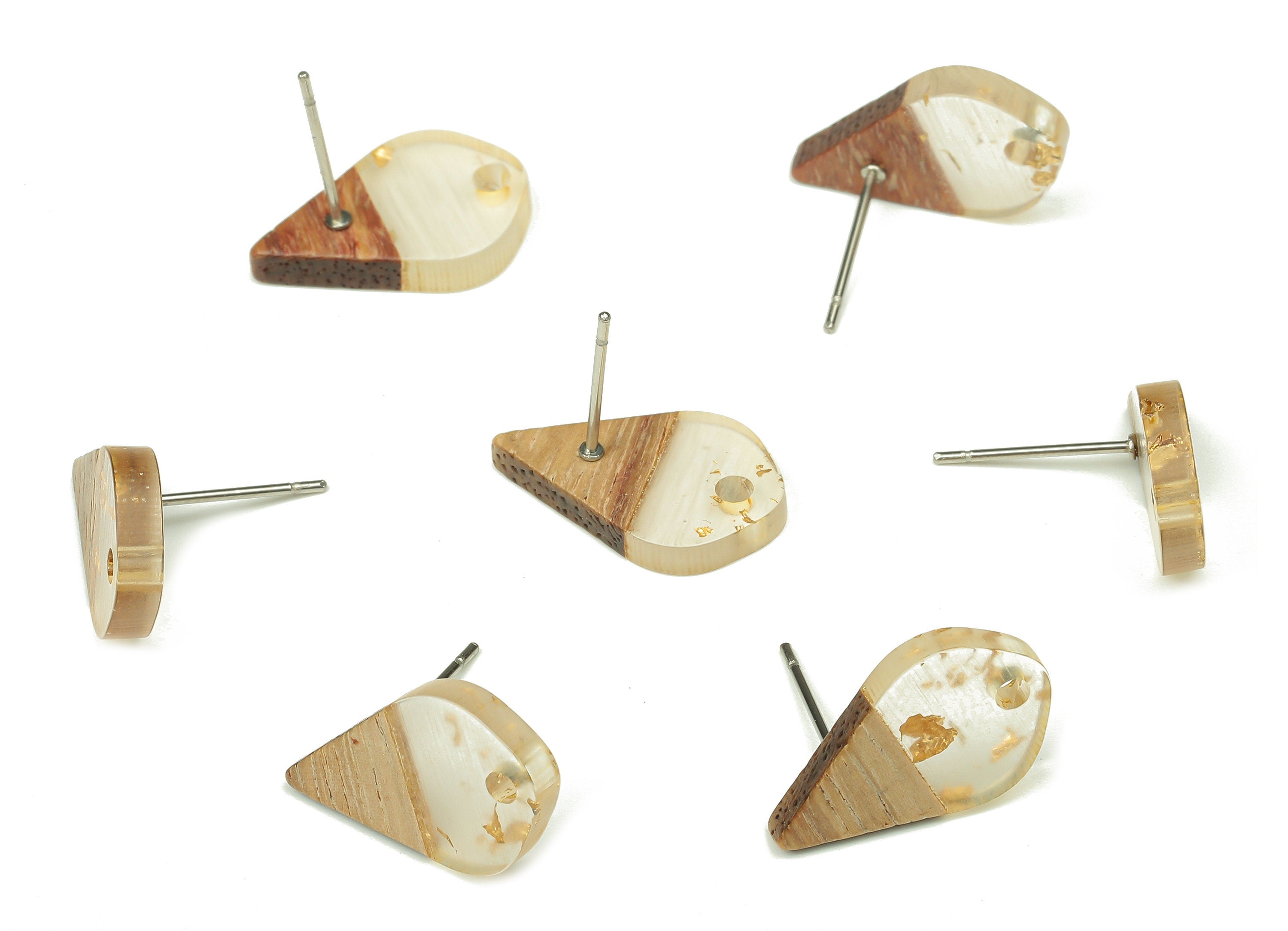 Natural Wooden Drop Earring Stud - Walnut Wood White Resin Teardrop Earring Post - 316 Stainless Steel Stud - 17.76x10.96x2.73mm - BB1253J - DOMEDBAZAAR