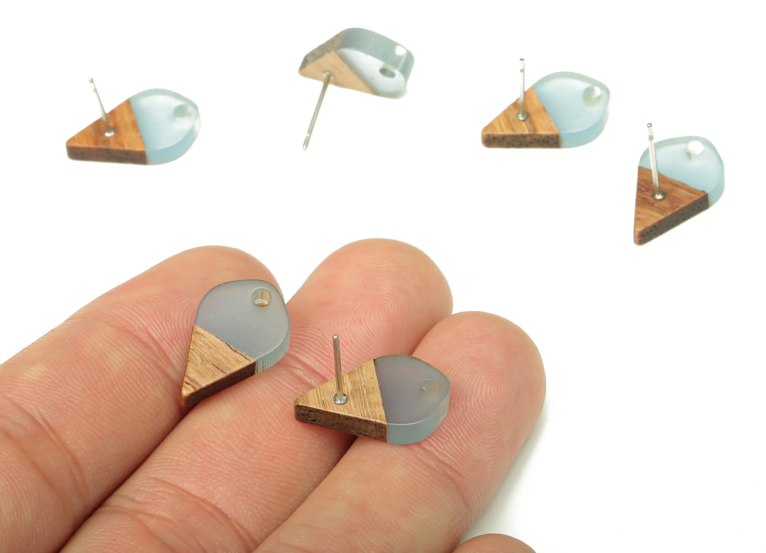 Natural Wooden Drop Earring Stud - Walnut Wood Light Blue Resin Teardrop Earring Post - 316 Stainless Steel Stud - 17.8x10.96x2.7mm -BB1253N - DOMEDBAZAAR