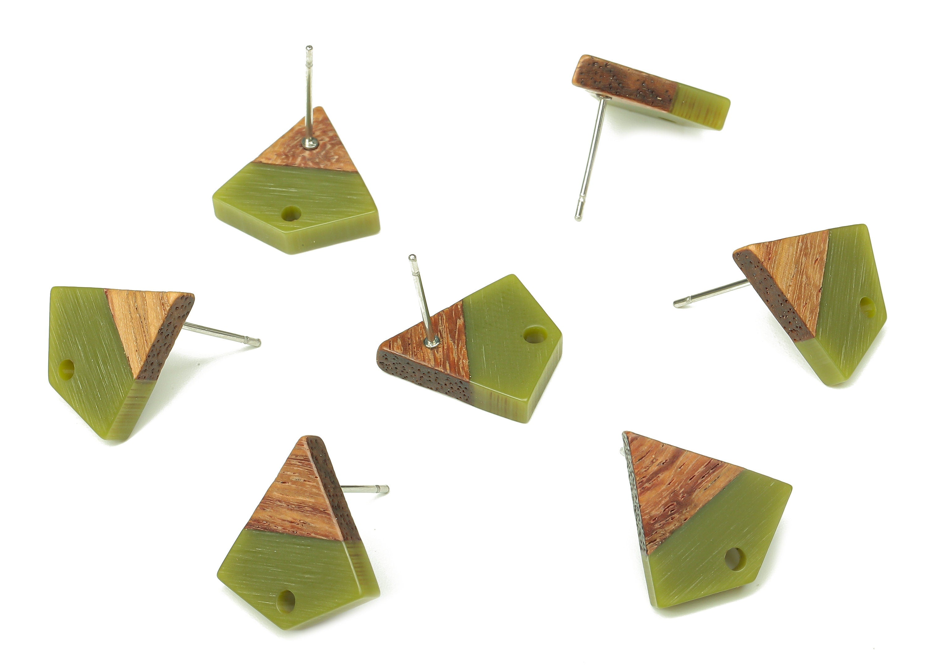Natural Wooden Diamond Earring Stud - Walnut Wood Green Resin Rhombus Post - 316 Stainless Steel Stud - 16.35x15.23x3.28mm - BB1254C - DOMEDBAZAAR
