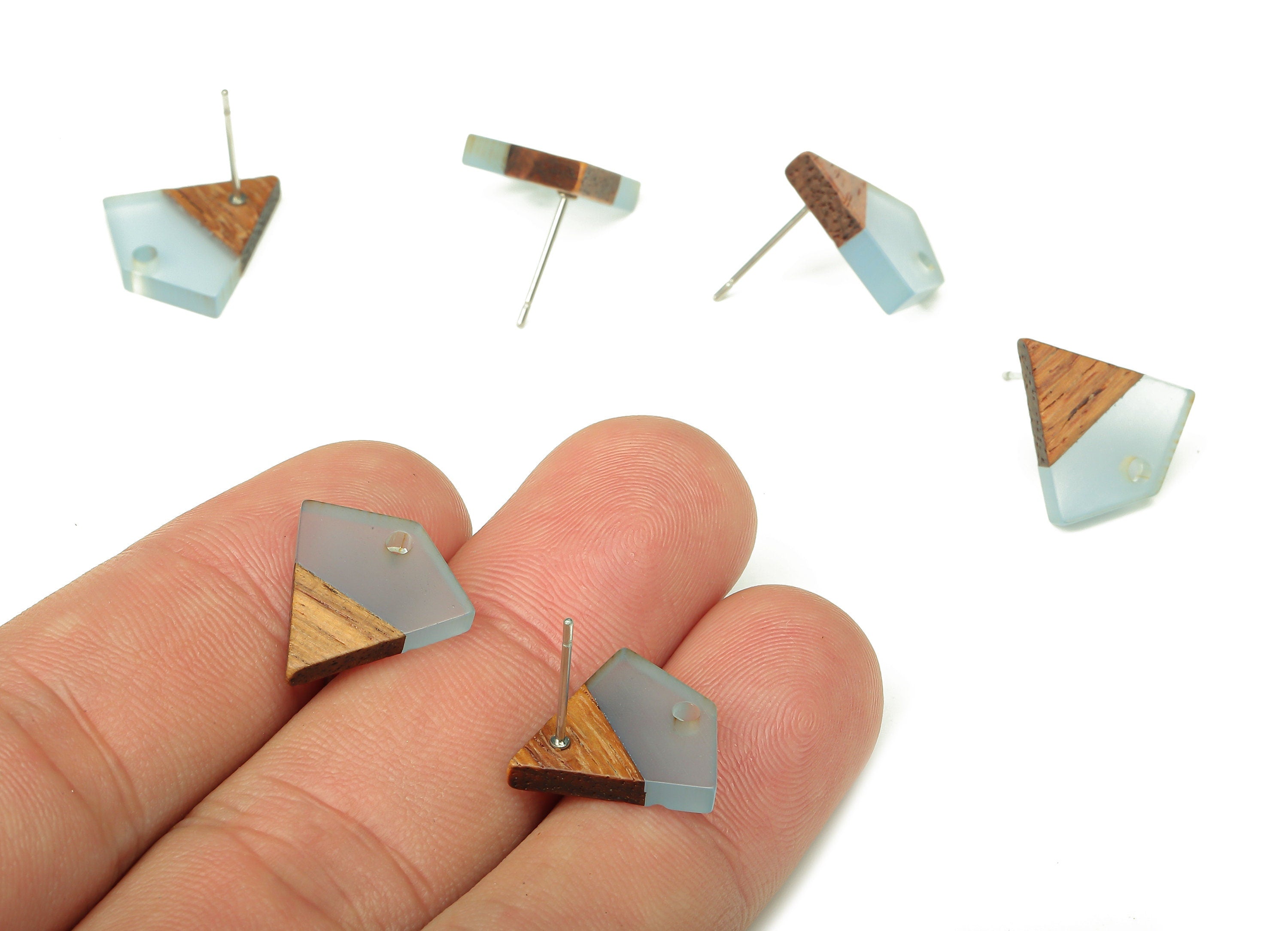 Natural Wooden Diamond Earring Stud - Walnut Wood Light Blue Resin Rhombus Post - 316 Stainless Steel Stud - 16.35x15.23x3.28mm - BB1254K - DOMEDBAZAAR