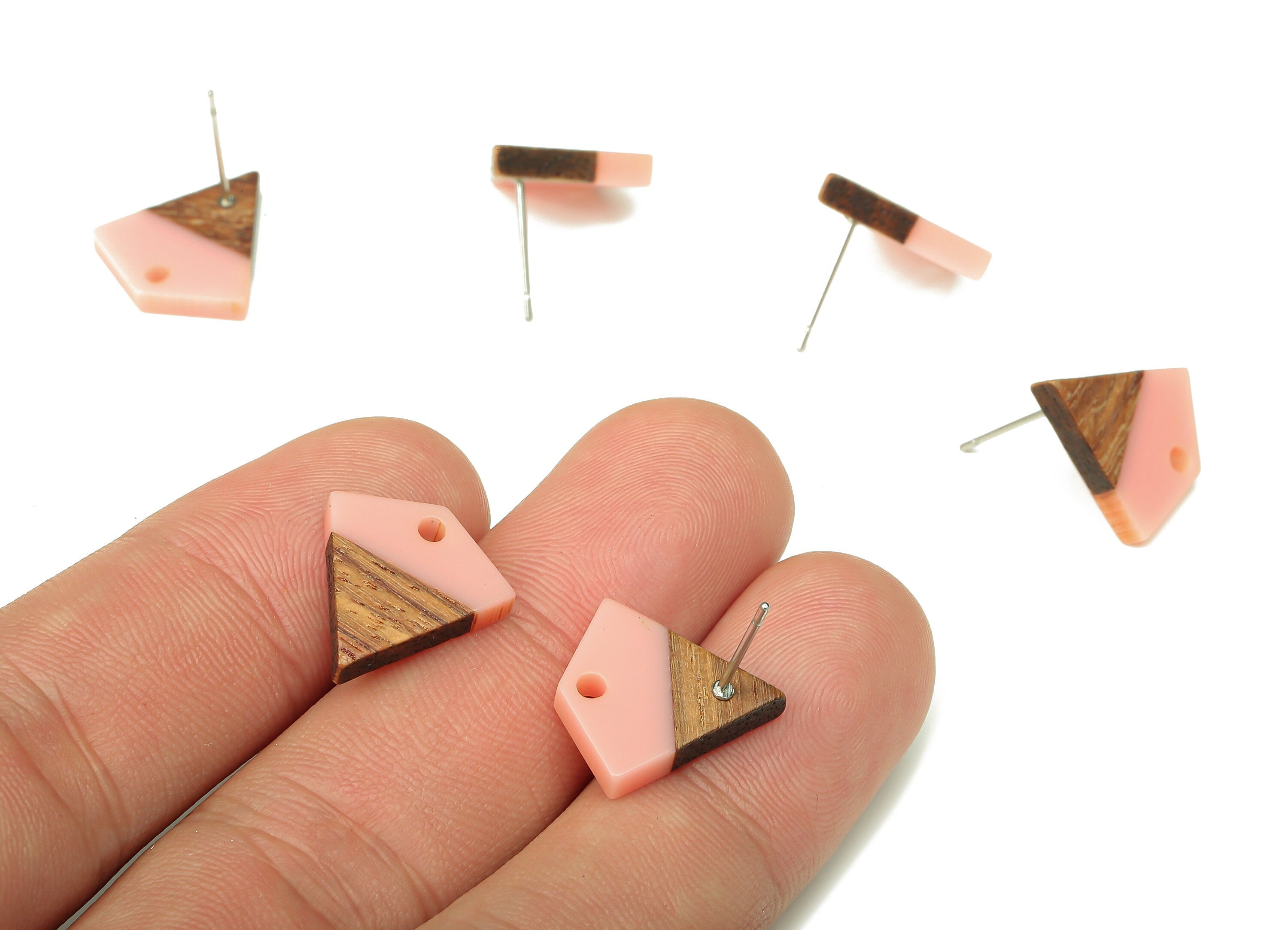 Natural Wooden Diamond Earring Stud - Walnut Wood Pink Resin Rhombus Post - 316 Stainless Steel Stud - 16.35x15.23x3.28mm - BB1254N - DOMEDBAZAAR