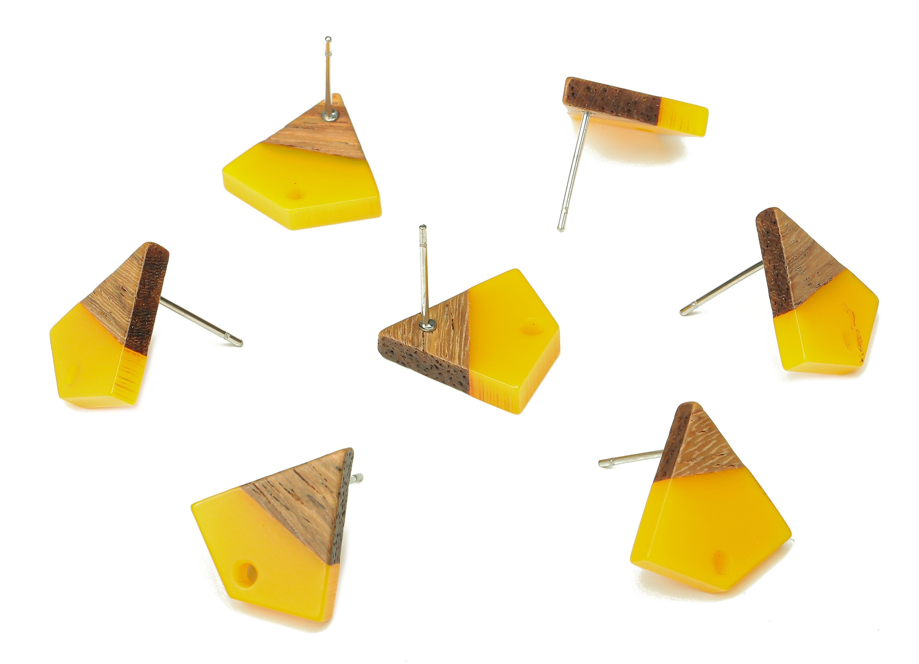 Natural Wooden Diamond Earring Stud - Walnut Wood Yellow Resin Rhombus Post - 316 Stainless Steel Stud - 16.35x15.23x3.28mm - BB1254P - DOMEDBAZAAR