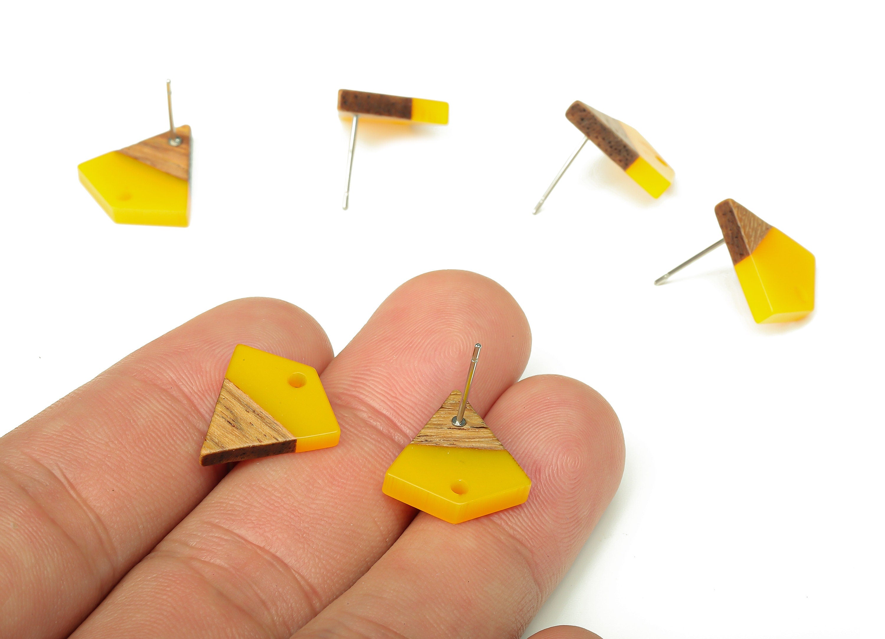Natural Wooden Diamond Earring Stud - Walnut Wood Yellow Resin Rhombus Post - 316 Stainless Steel Stud - 16.35x15.23x3.28mm - BB1254P - DOMEDBAZAAR