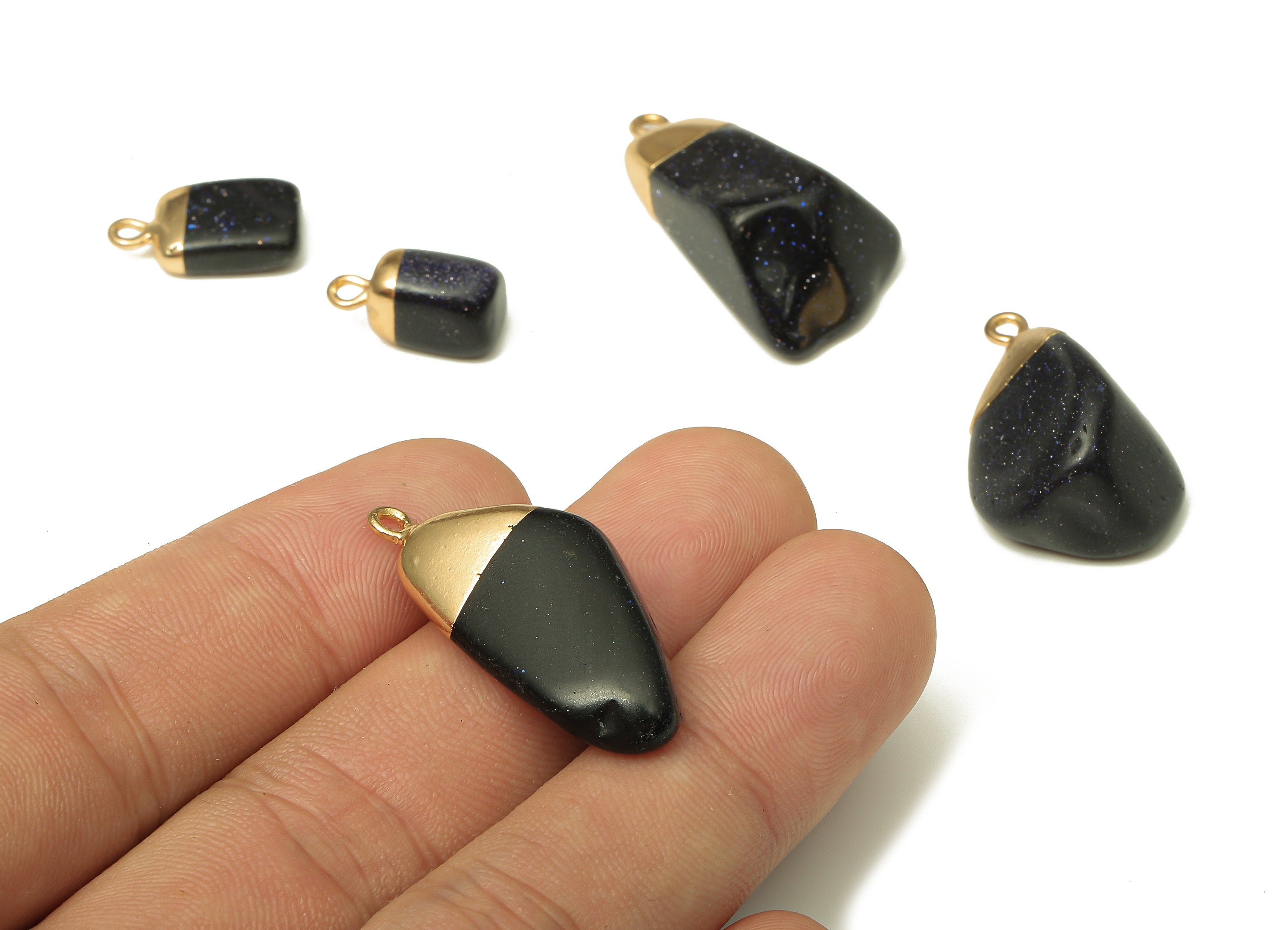 Natural Stone Earrings - Brass Faceted Blue Sand Earring Charm - Blue Sandstone Pendant - Gold Tone Plating - 31.78x14.34x8.03mm - NS1865E - DOMEDBAZAAR