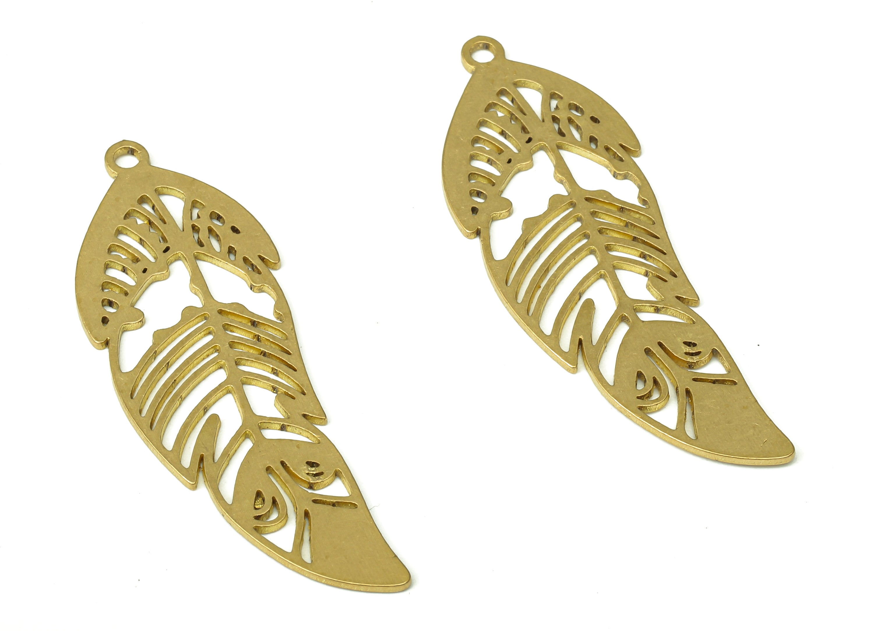 Brass Leaf Feather Earring Charms - Raw Brass Leaves Feather Cutout Pendant With Loop - Earring Findings - 39.91x13.81x0.64mm - PPA4382 - DOMEDBAZAAR