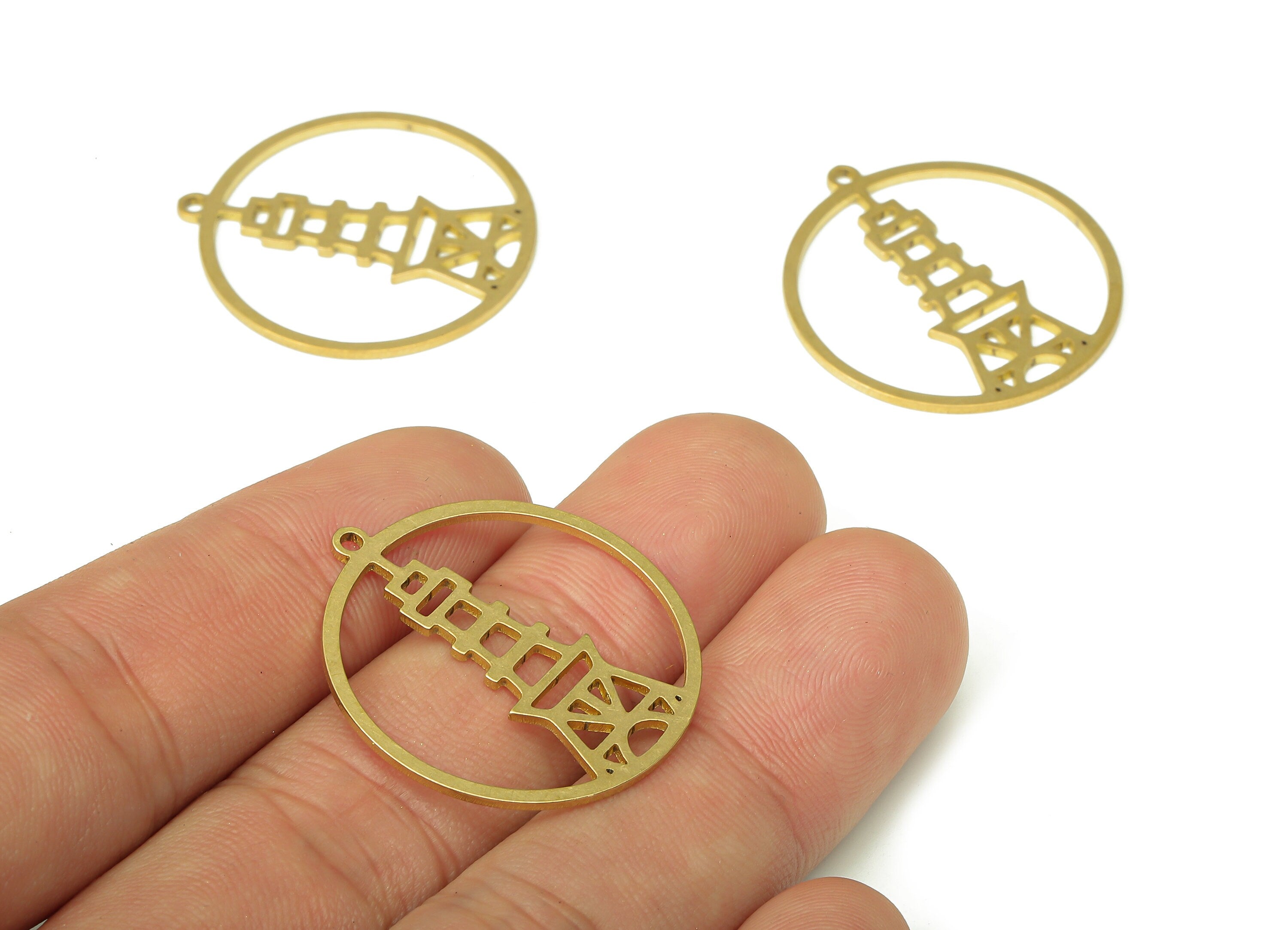 Brass Round Tower Hoop Earring Charms - Raw Brass Circle Tower Cutout Pendant With Loop - Earrings Finding - 29.87x27.44x0.85mm - PPA4474 - DOMEDBAZAAR