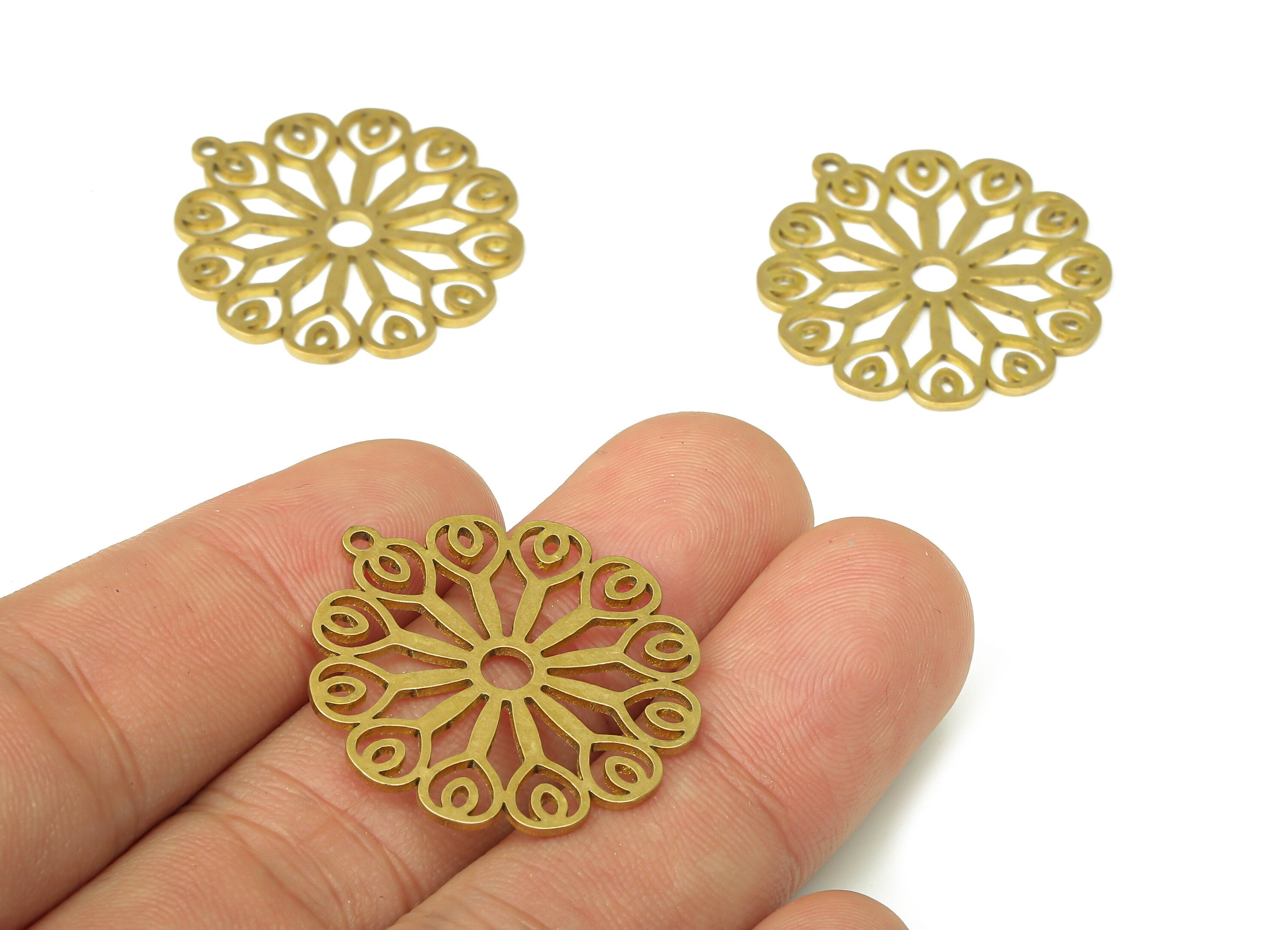 Brass Round Flower Earring Charms - Raw Brass Circle Flower Cutout Pendant With Loop - Earrings Finding - 29.88x27.11x0.89mm - PPA5231 - DOMEDBAZAAR