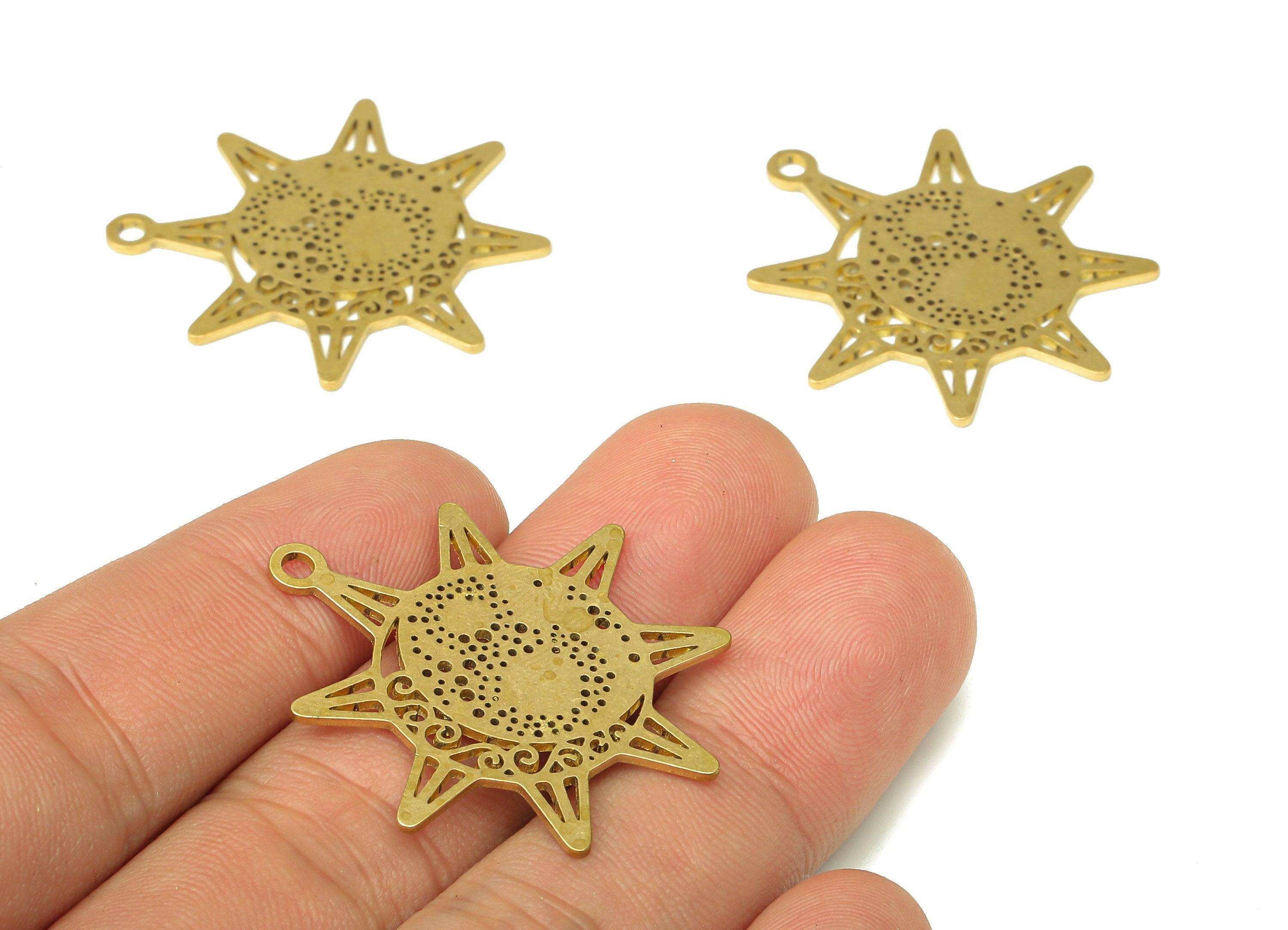 Brass Round Sun Earring Charms - Raw Brass Planet Circle Star Cutout Pendant With Loop - Earrings Finding - 35.86x30.17x0.79mm - PPA4695 - DOMEDBAZAAR