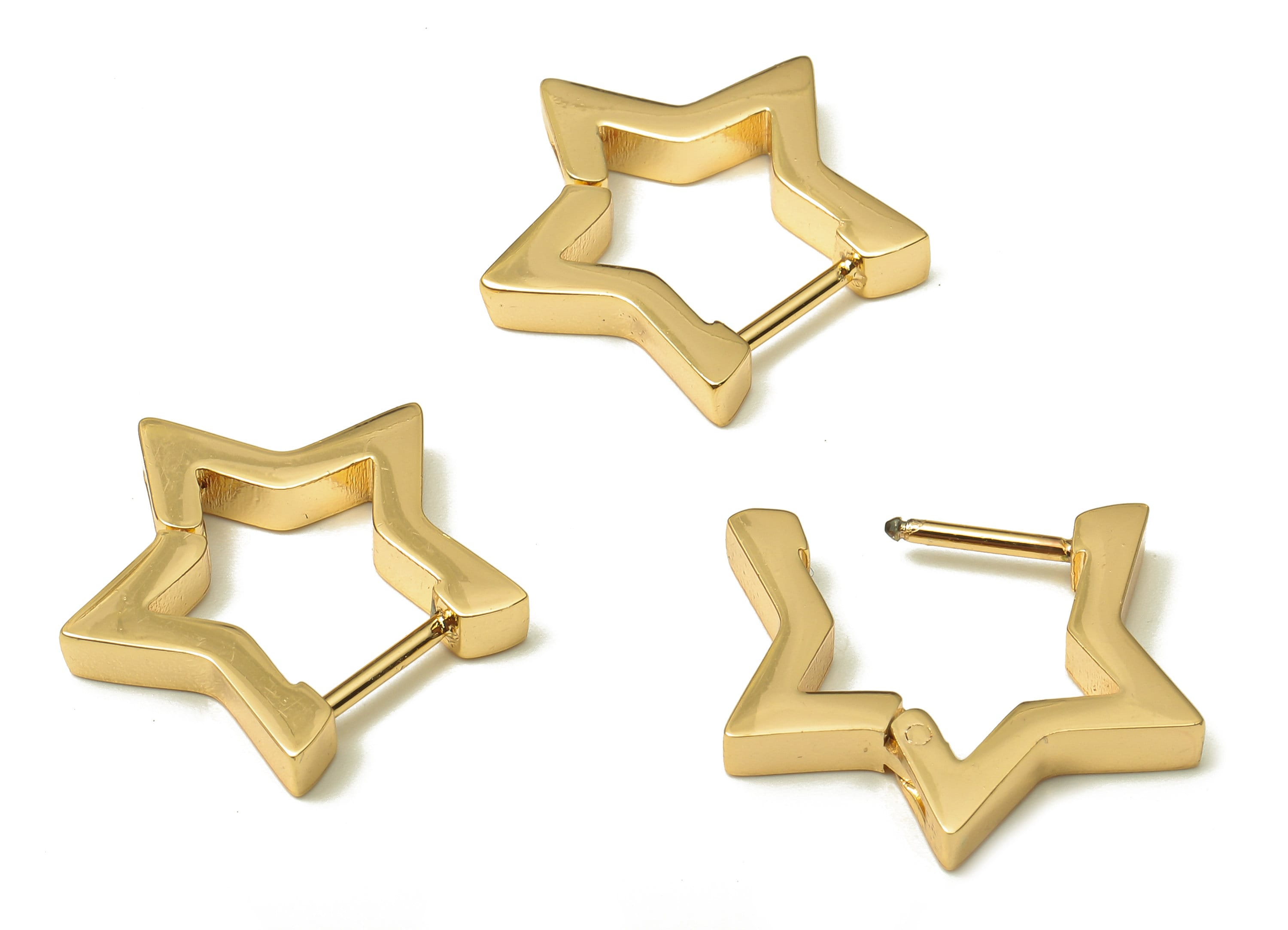 Brass Huggie Hoop Earrings - Chunky Gold Star Earring Clasp - Minimalist Earring - 18K Real Gold Plating - 19.04x17.64x2.92mm - RGP5203 - DOMEDBAZAAR