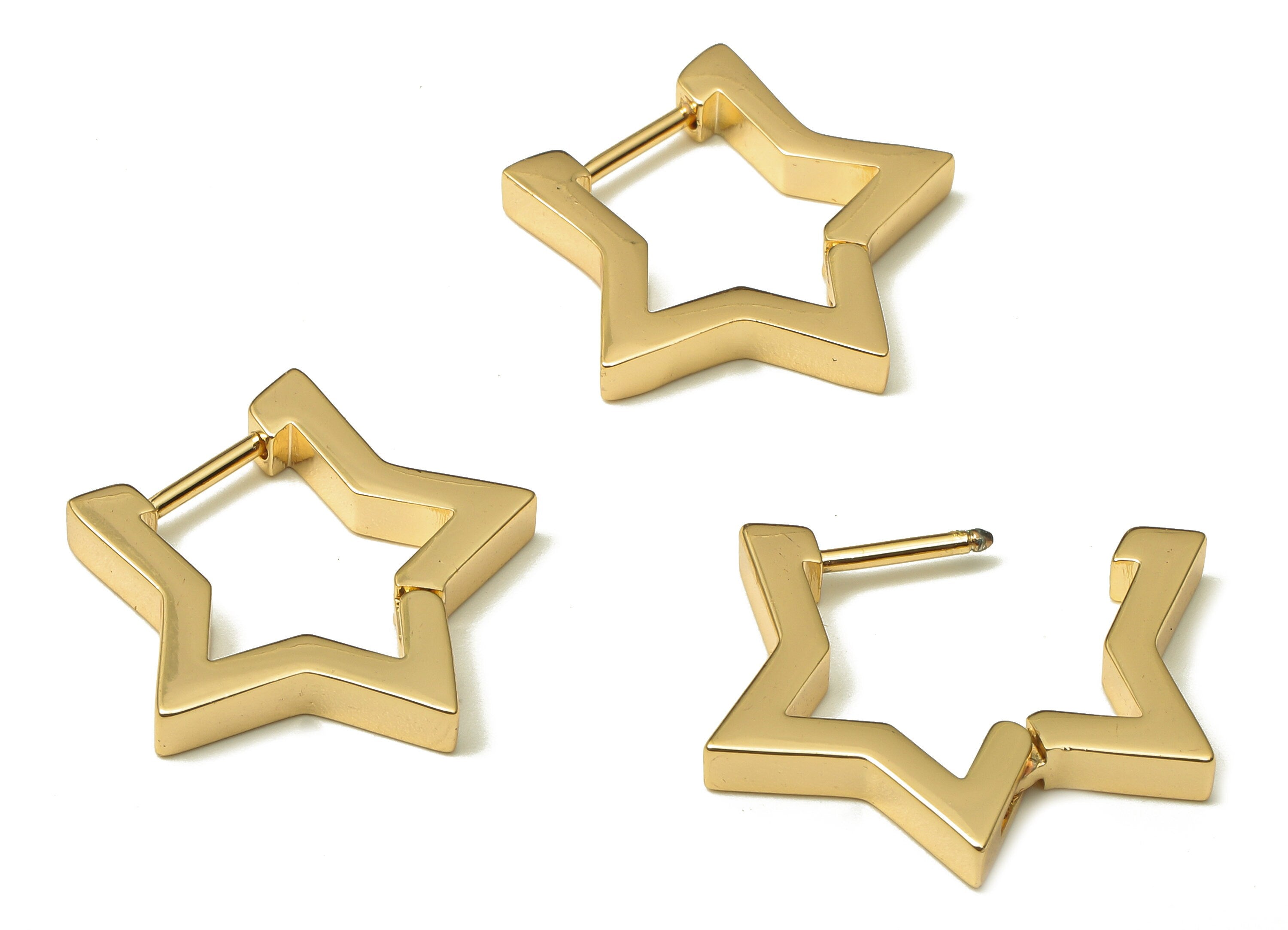 Brass Huggie Hoop Earrings - Chunky Gold Star Earring Clasp - Minimalist Earring - 18K Real Gold Plating - 20.88x19.55x2.93mm - RGP5210 - DOMEDBAZAAR