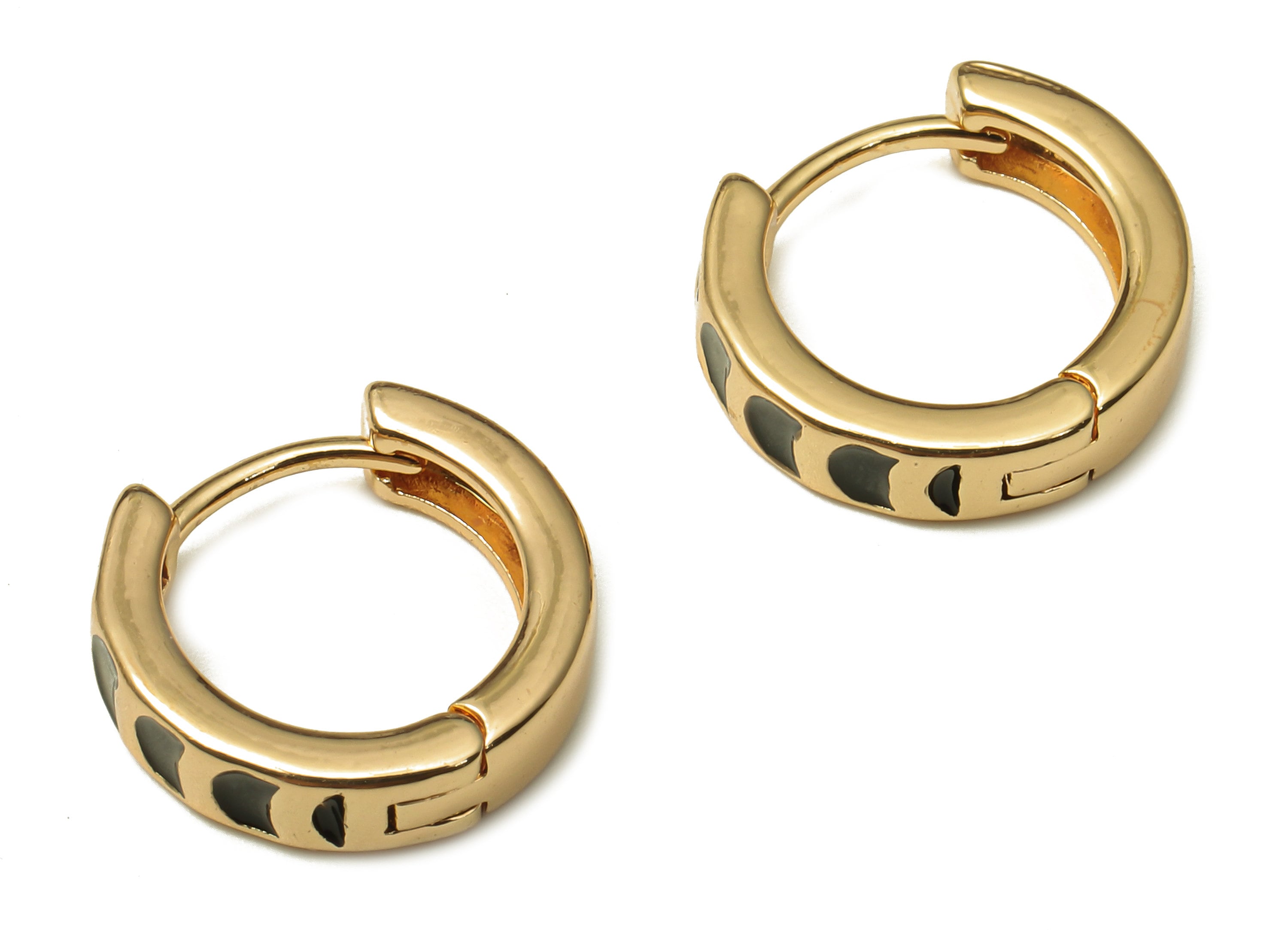 Brass Enamel Round Huggie Hoop - Circle Small Black Phases Of Moon Enamel Earring Clasp - 18K Real Gold Plating - 13.6x12.7x2.1mm - RGP5223 - DOMEDBAZAAR