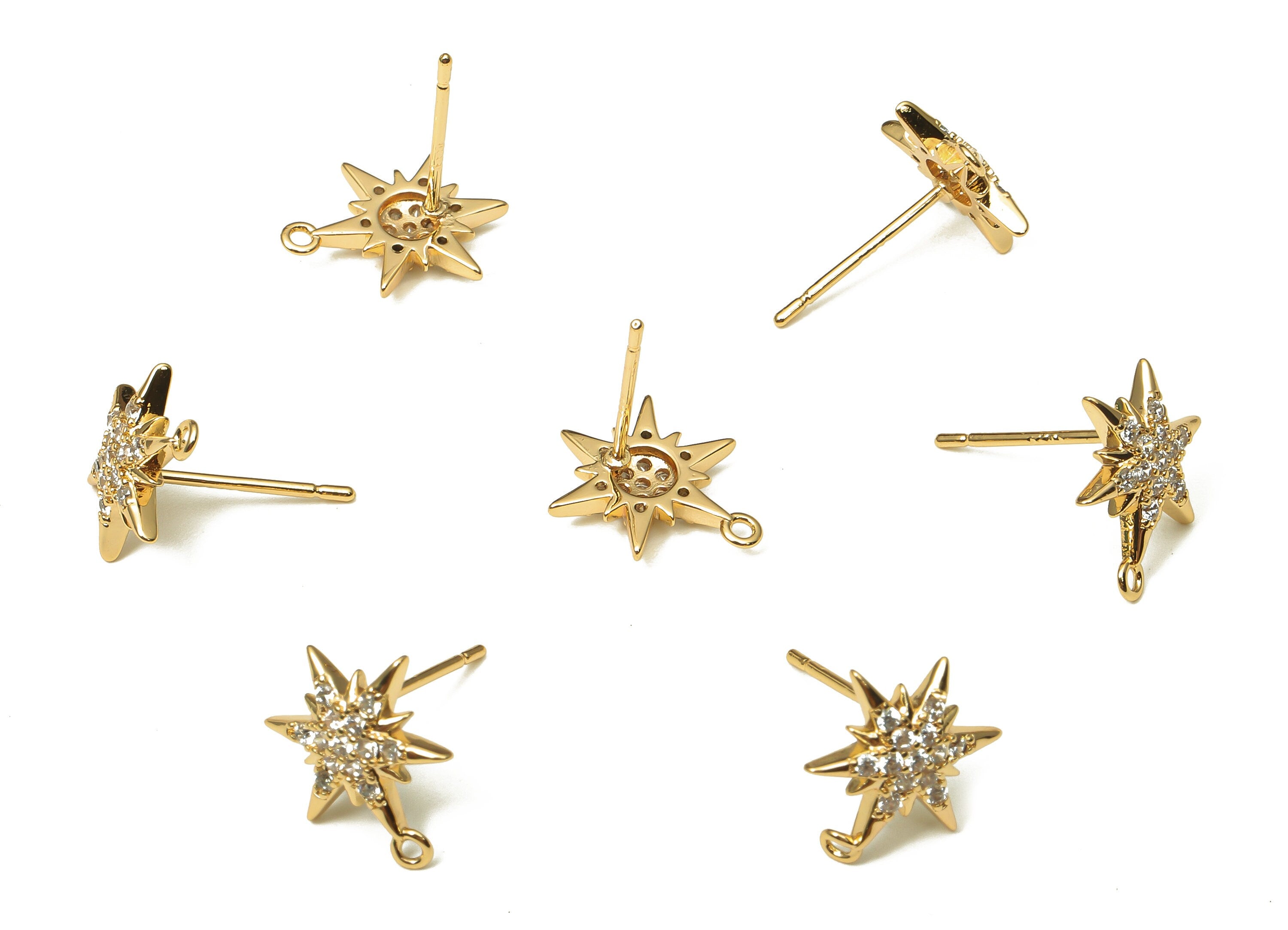 Brass Hexagram North Star Earring Post - Zircon Star Earring With Loop - 316 Stainless Steel - 18K Real Gold Plating -12.6x9.7x2.3mm-RGP5226 - DOMEDBAZAAR