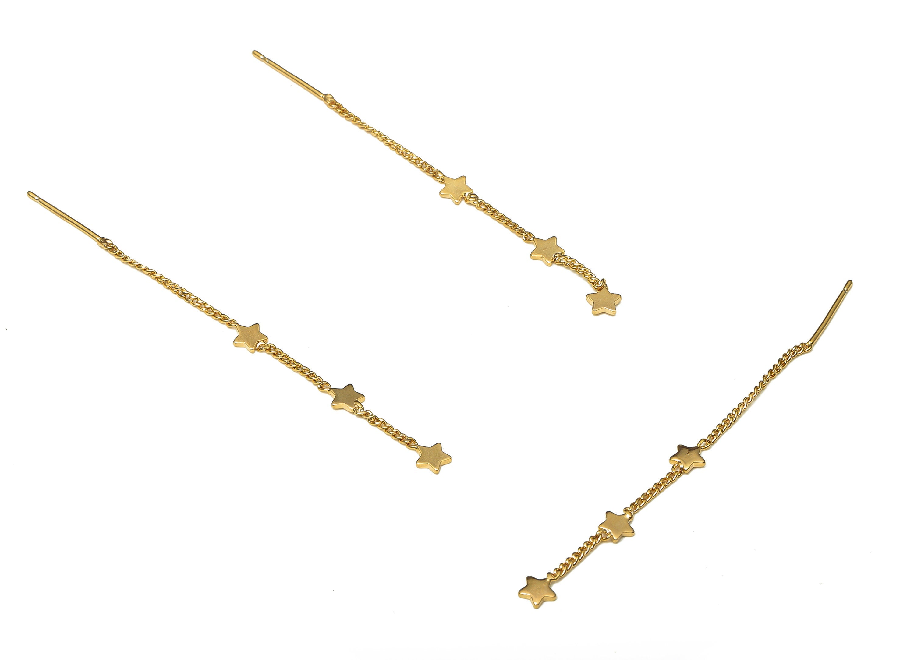 Brass Chain Tassel Earring Post - Gold Curb Chain Earring With Stars - 316 Stainless Steel - 18k Real Gold Plating - 50.9x4.3x0.7mm -RGP5231 - DOMEDBAZAAR